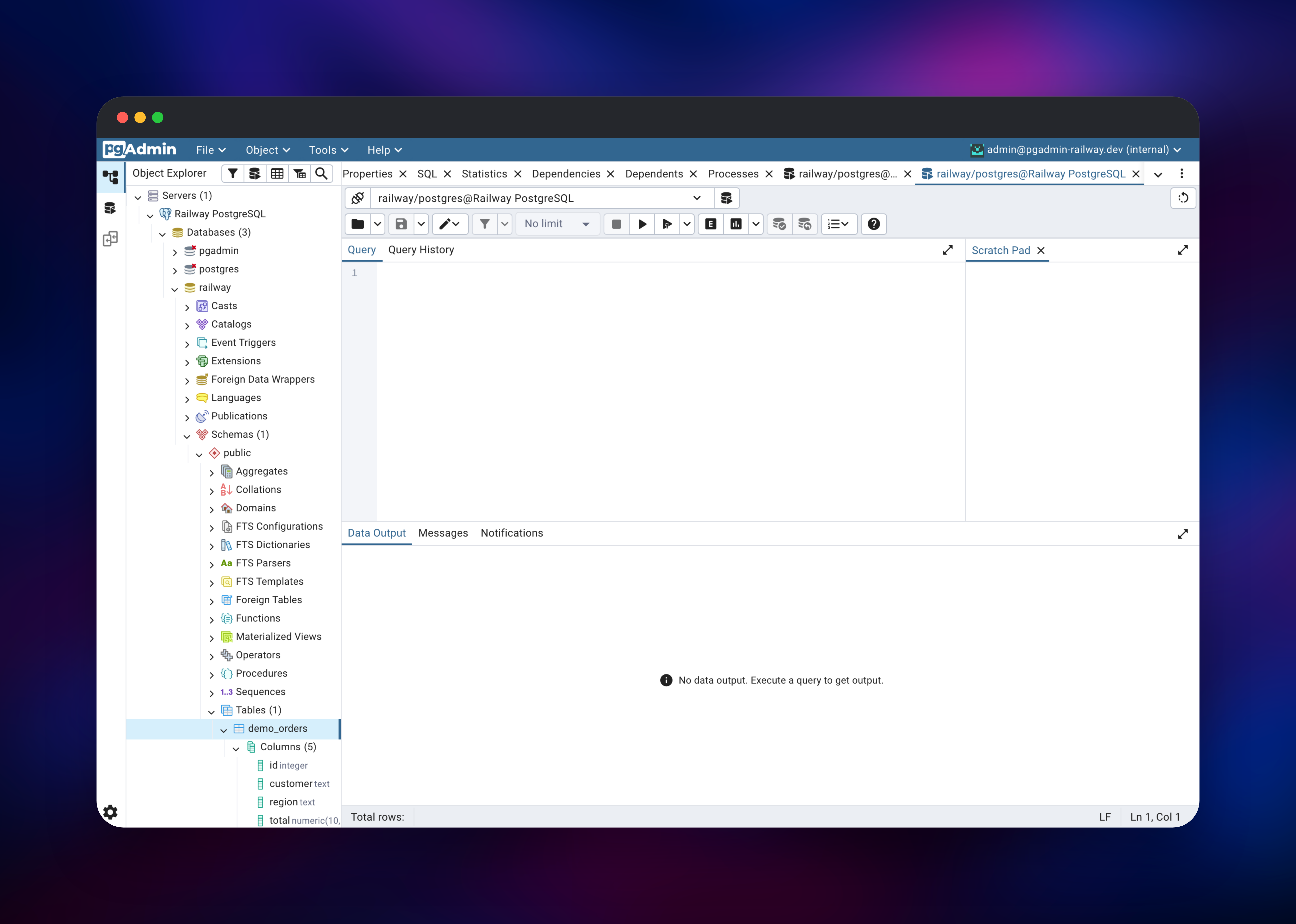 pgAdmin object explorer listing the demo orders table columns
