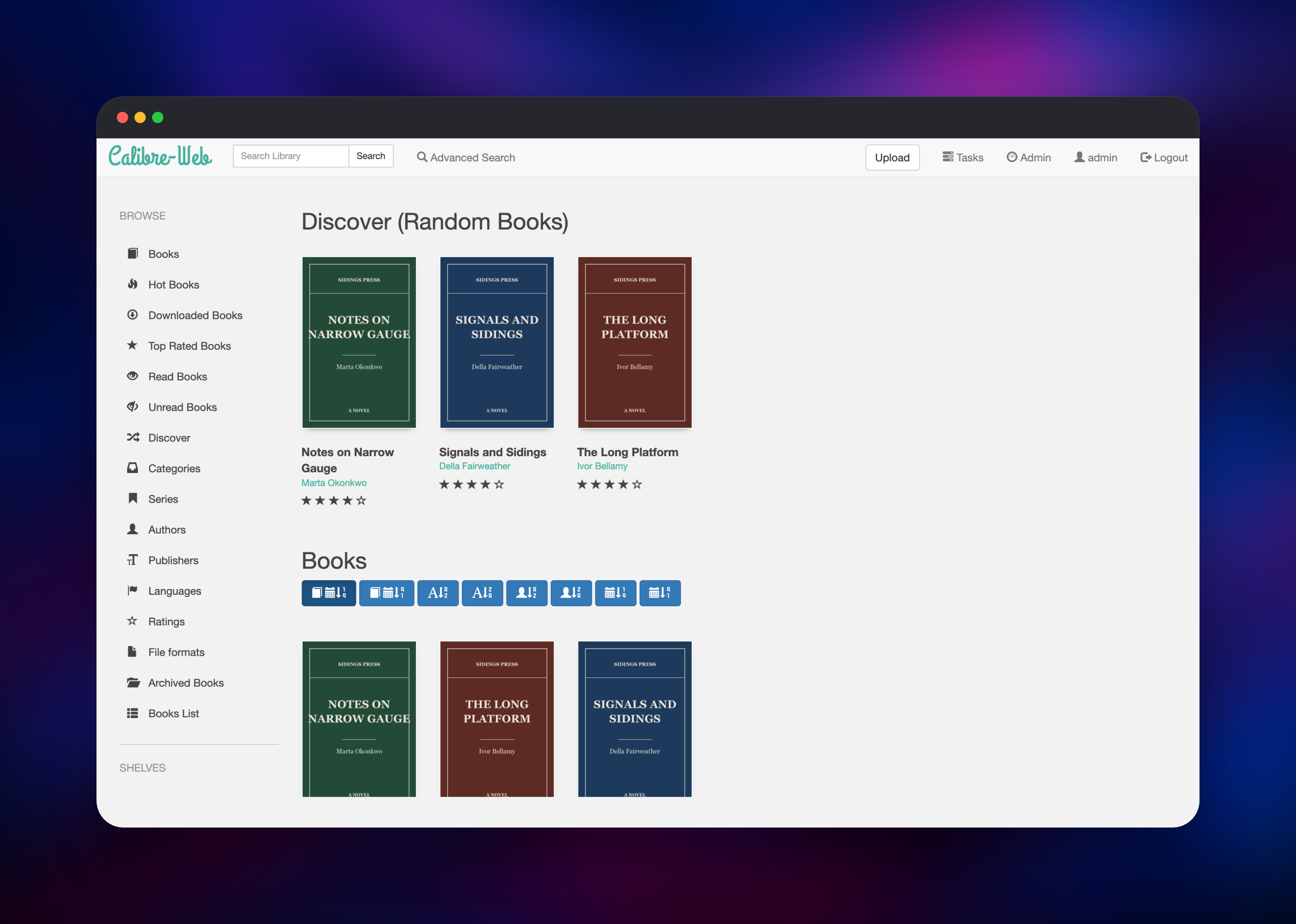 Calibre-Web library grid showing three books with covers