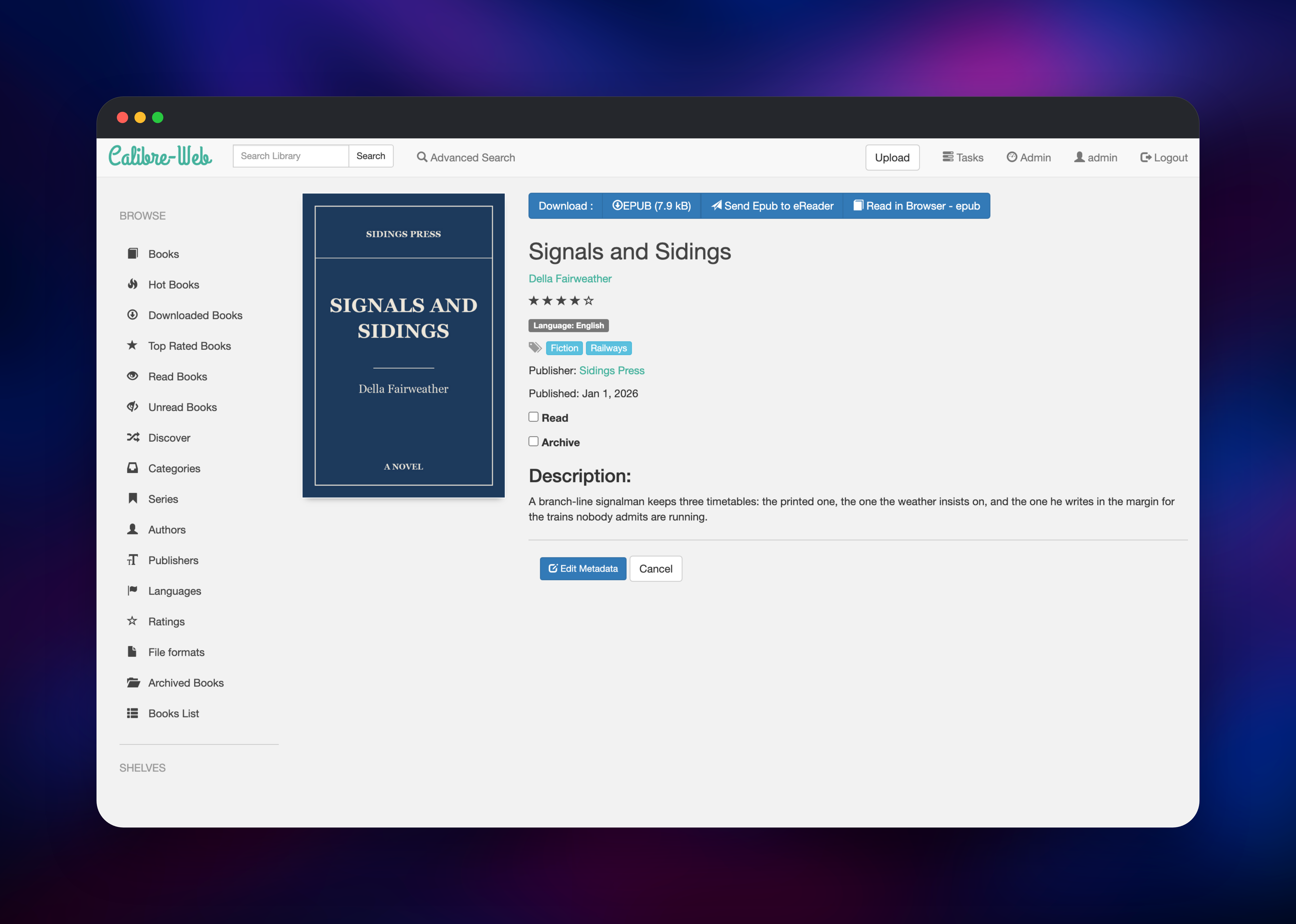 Calibre-Web book page with cover, rating and send-to-eReader button