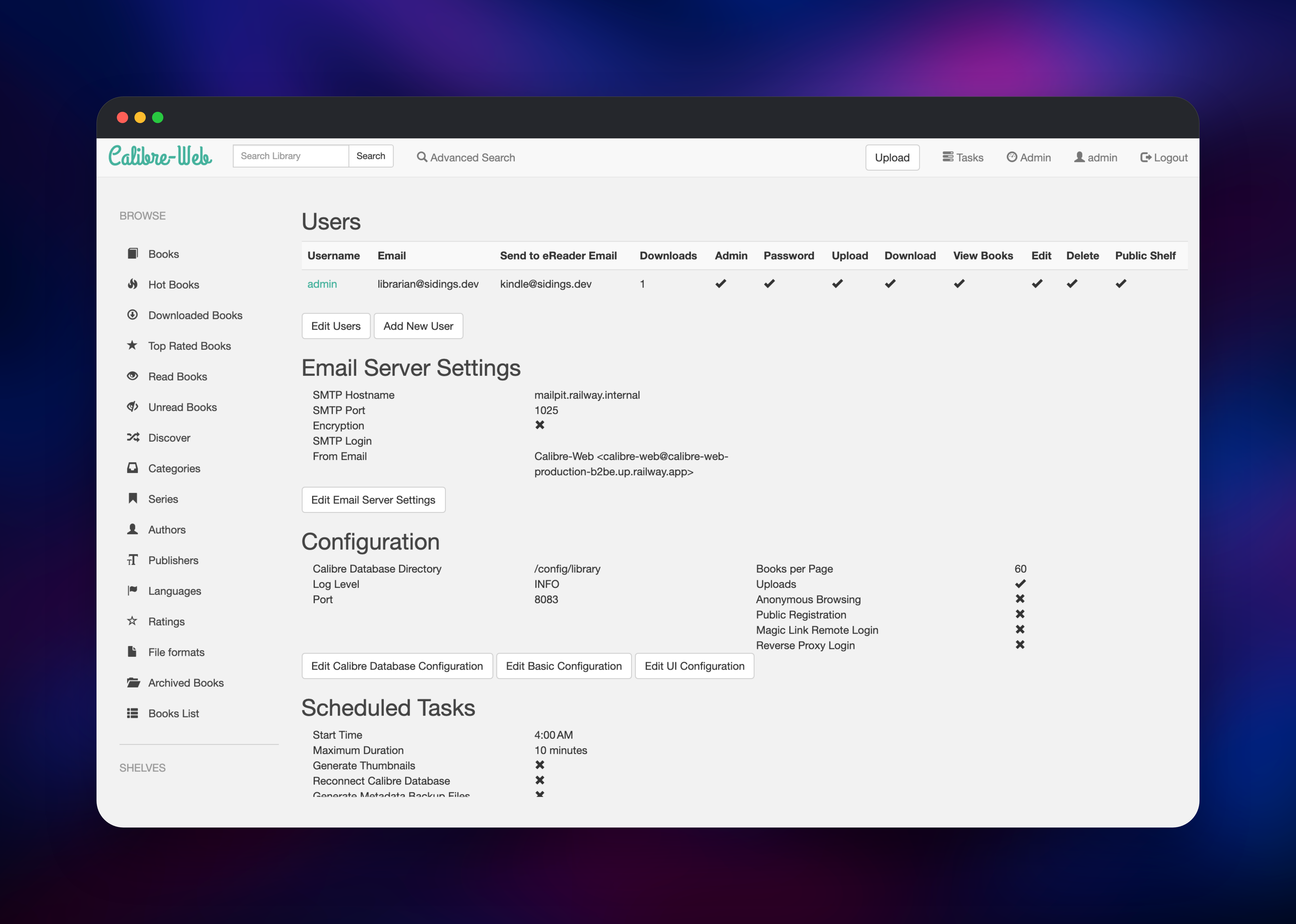Calibre-Web admin page listing users and mail settings