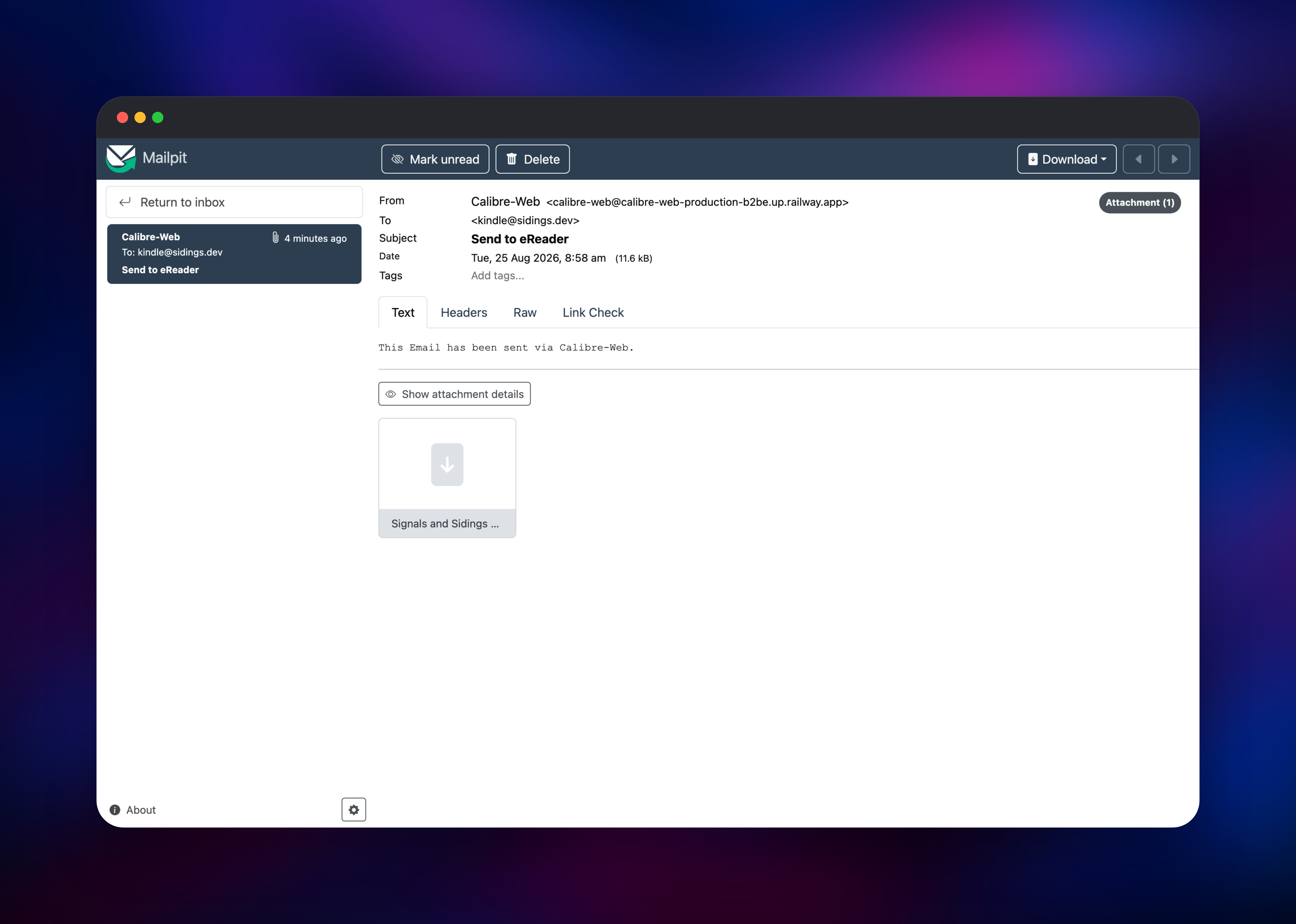 Mailpit inbox holding the EPUB Calibre-Web sent