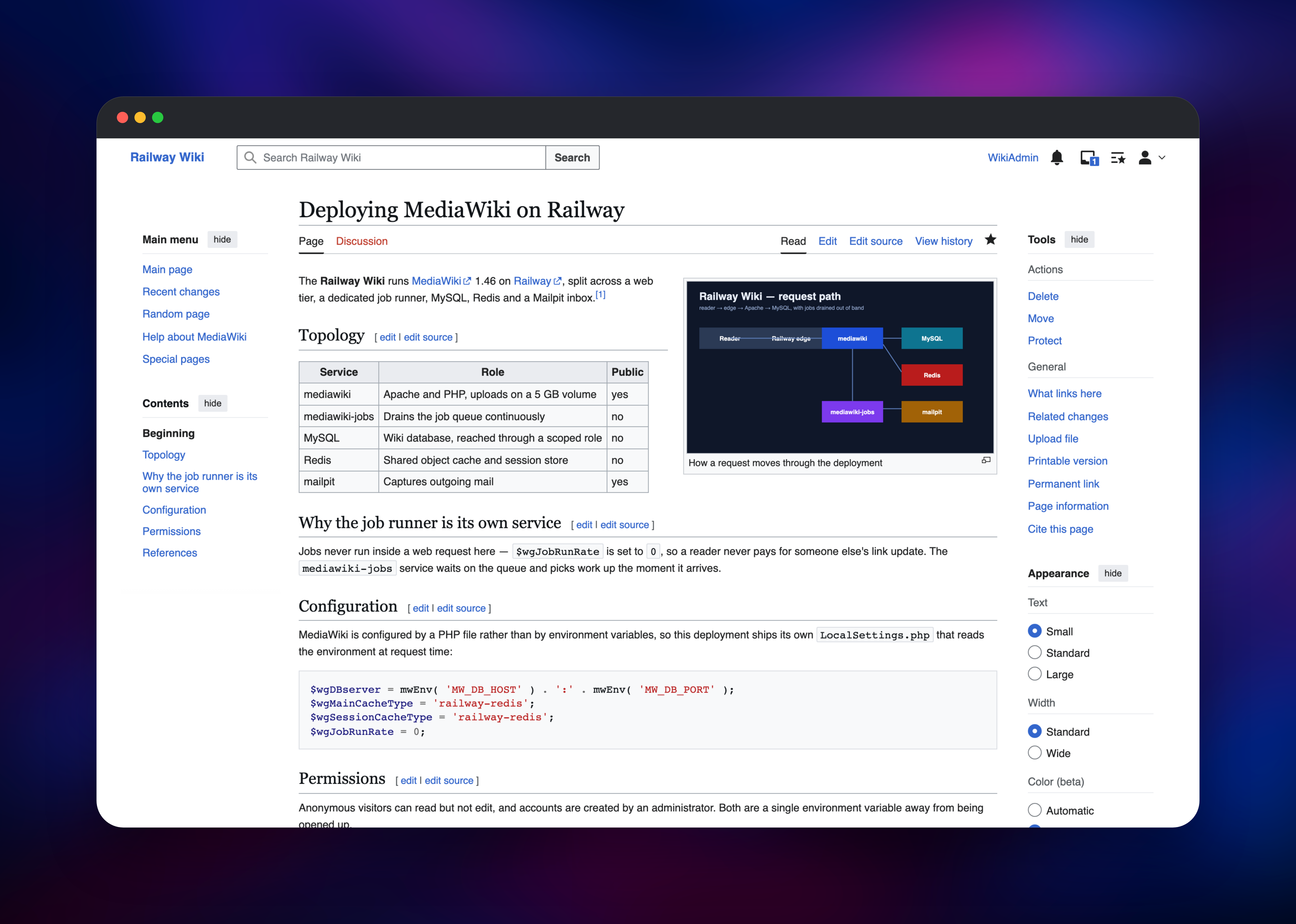 Wiki article with a topology table and highlighted PHP code