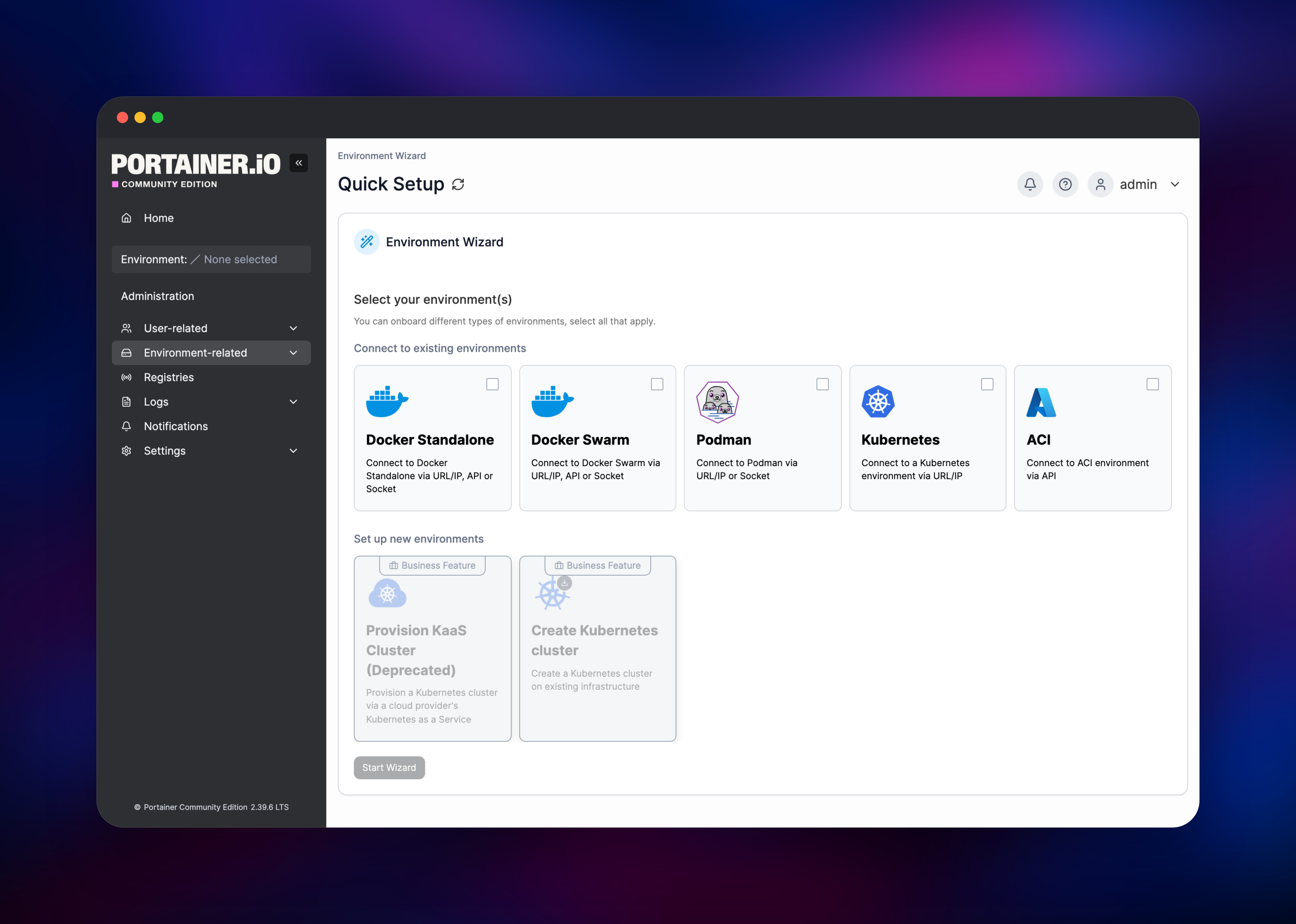 Portainer wizard offering Docker, Podman and Kubernetes connections
