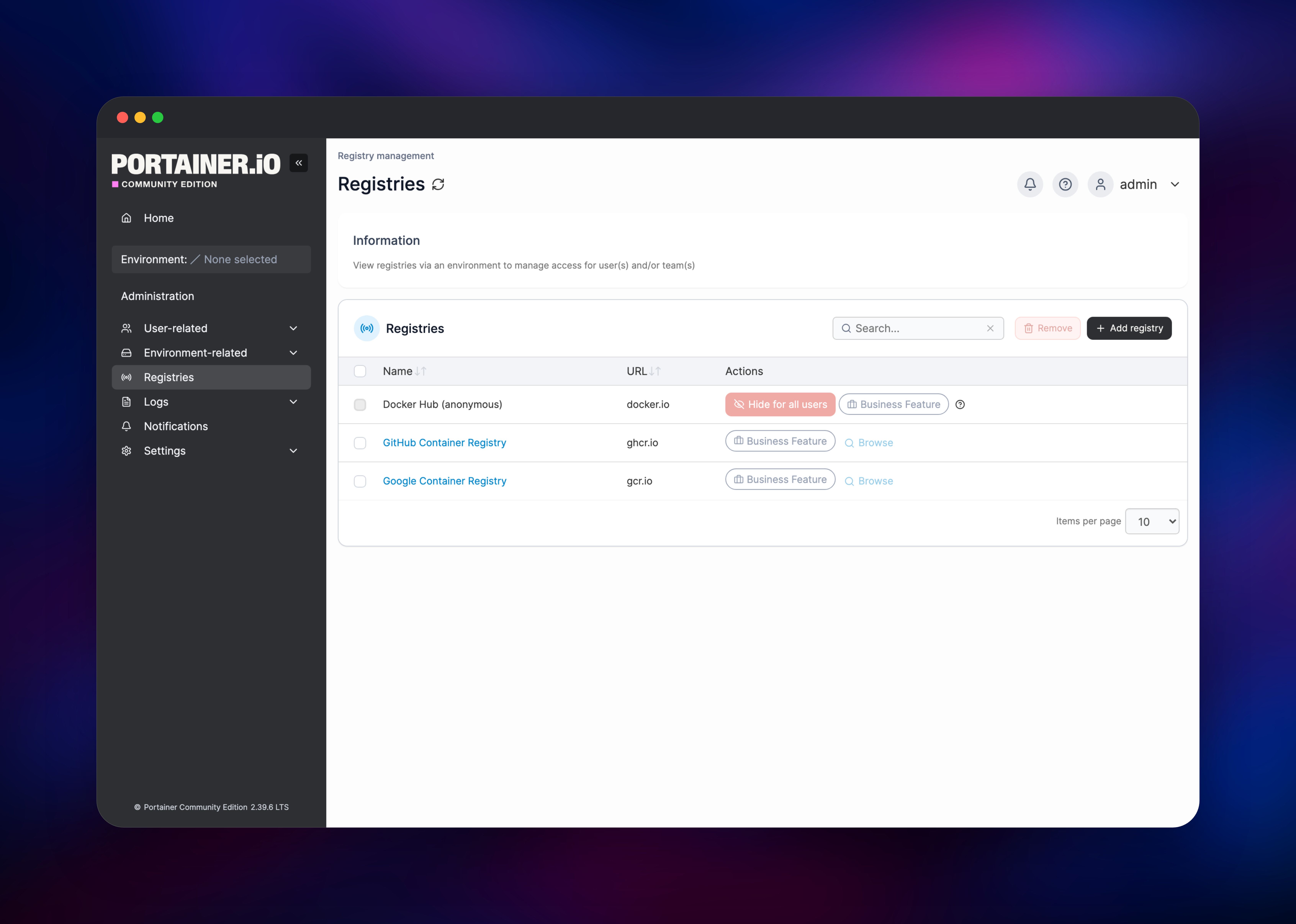 Portainer registry list holding Docker Hub, GHCR and GCR