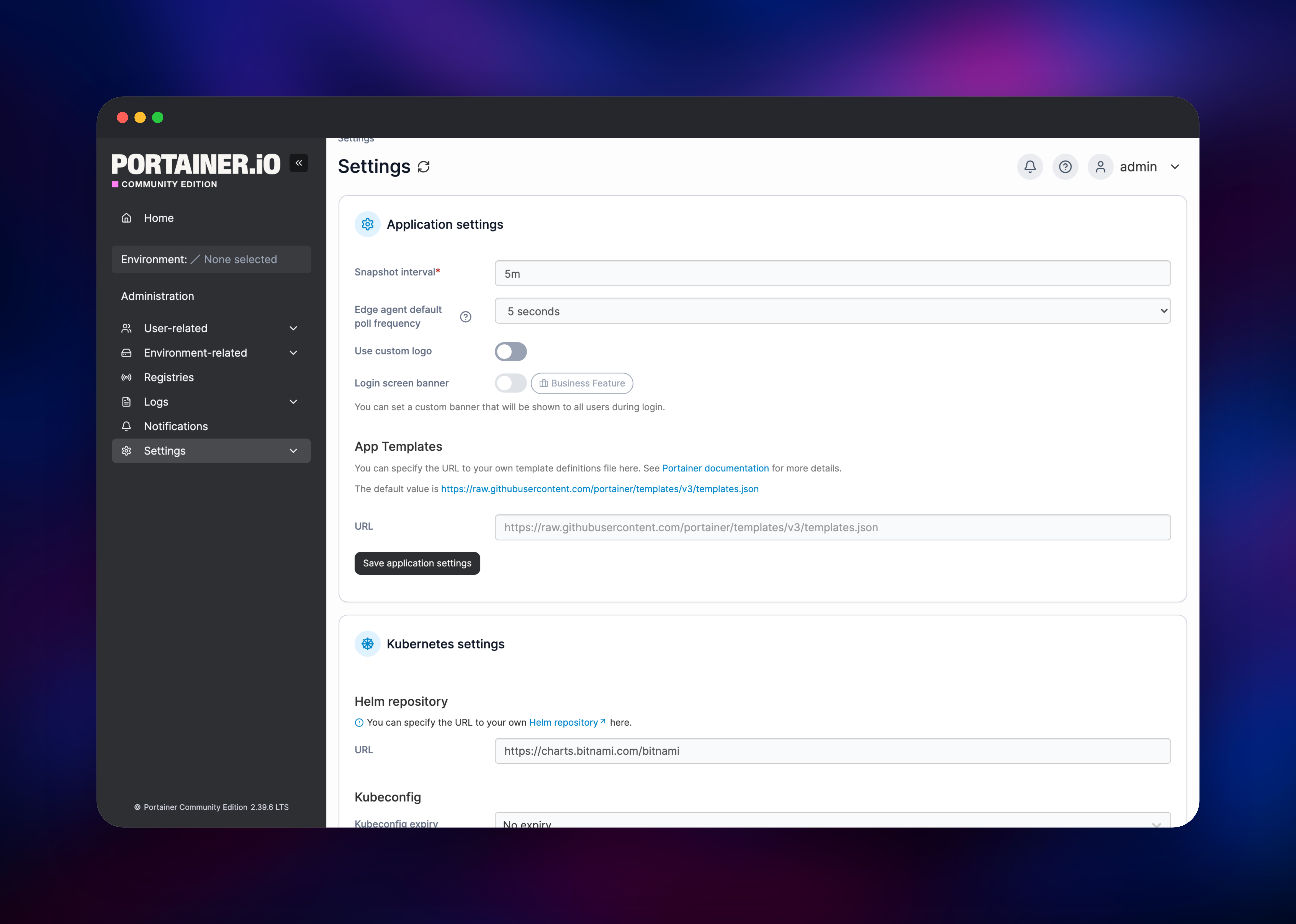 Portainer application settings with snapshot interval and template URL
