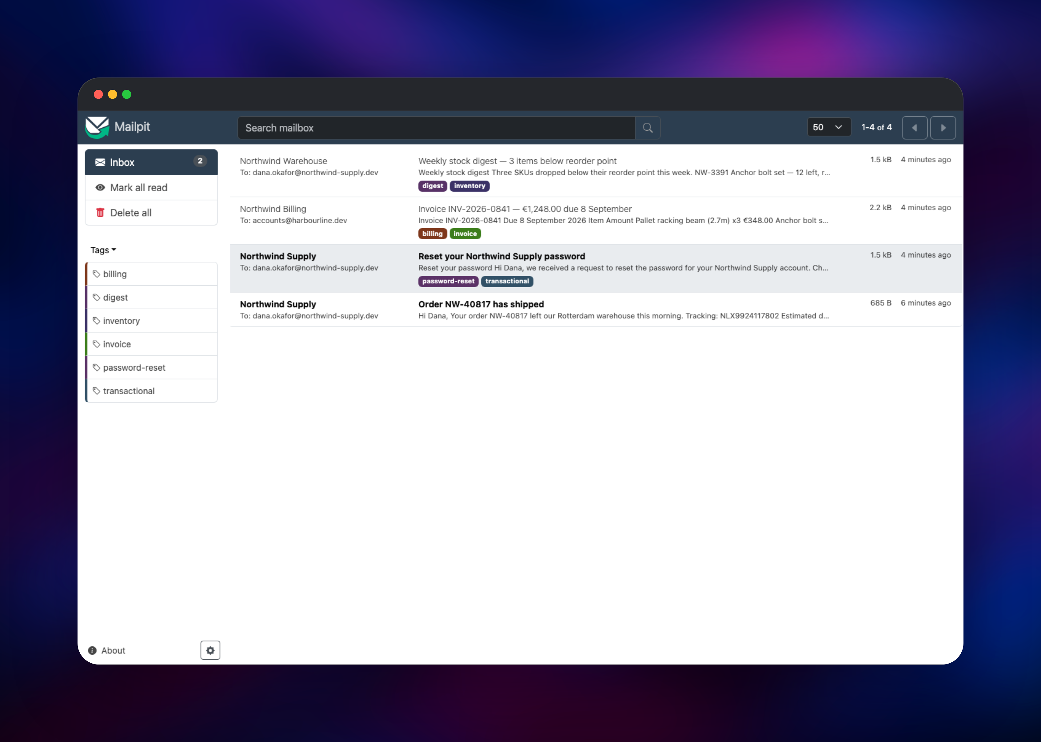 Mailpit inbox listing four captured emails with tags