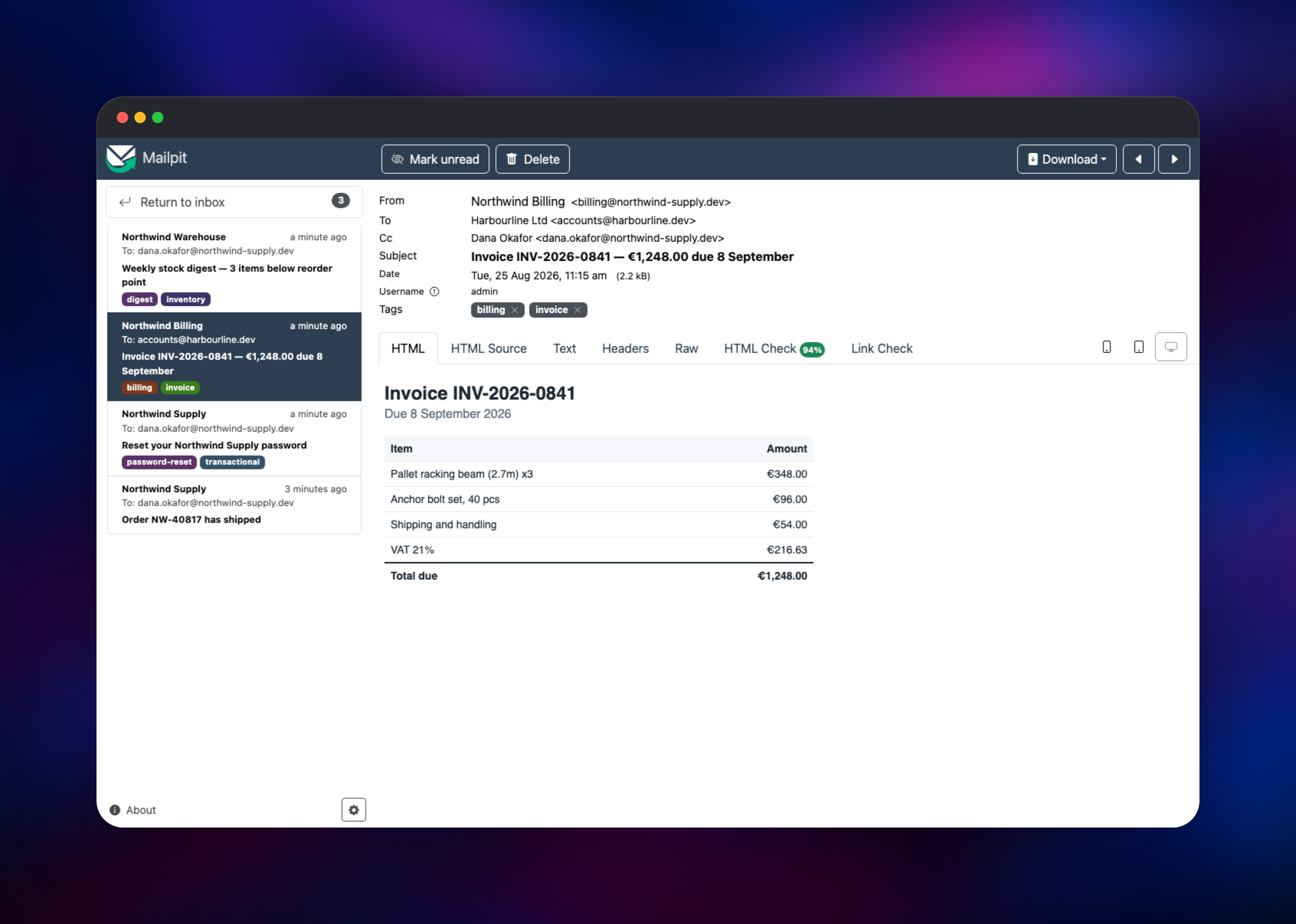 Mailpit rendering a captured HTML invoice email