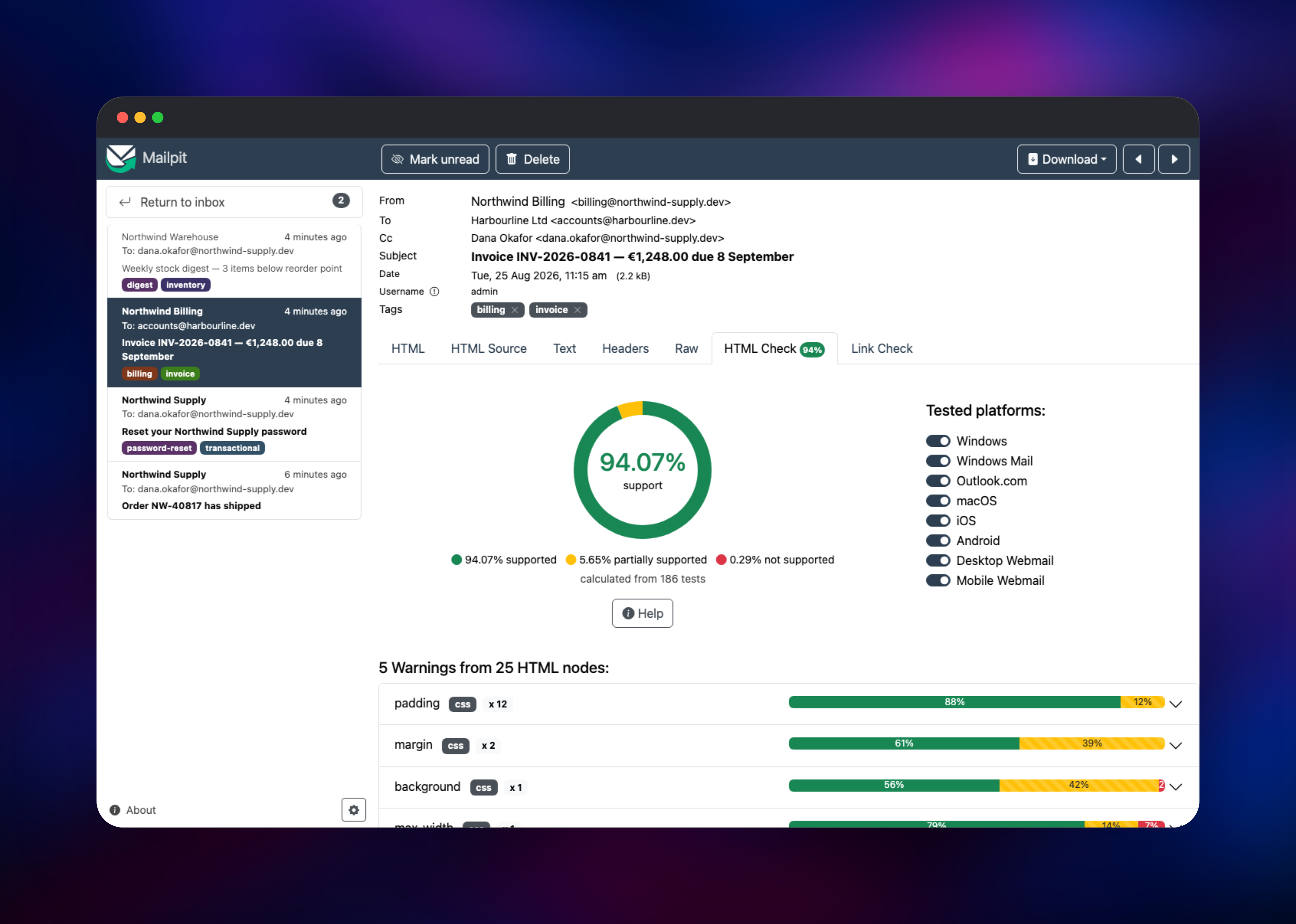 Mailpit HTML compatibility check scoring an email at 94 percent