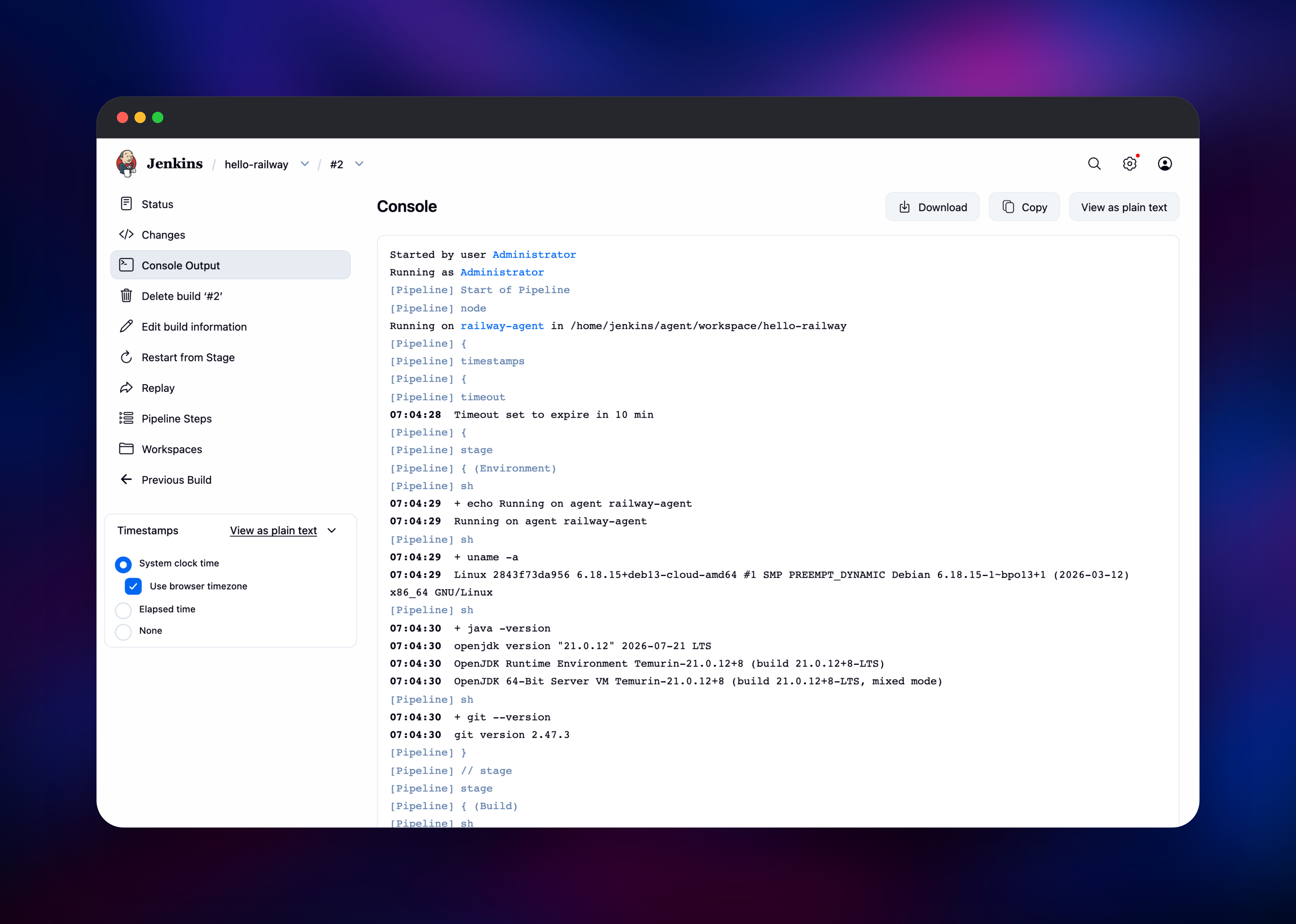 Build console output streaming from the railway-agent node