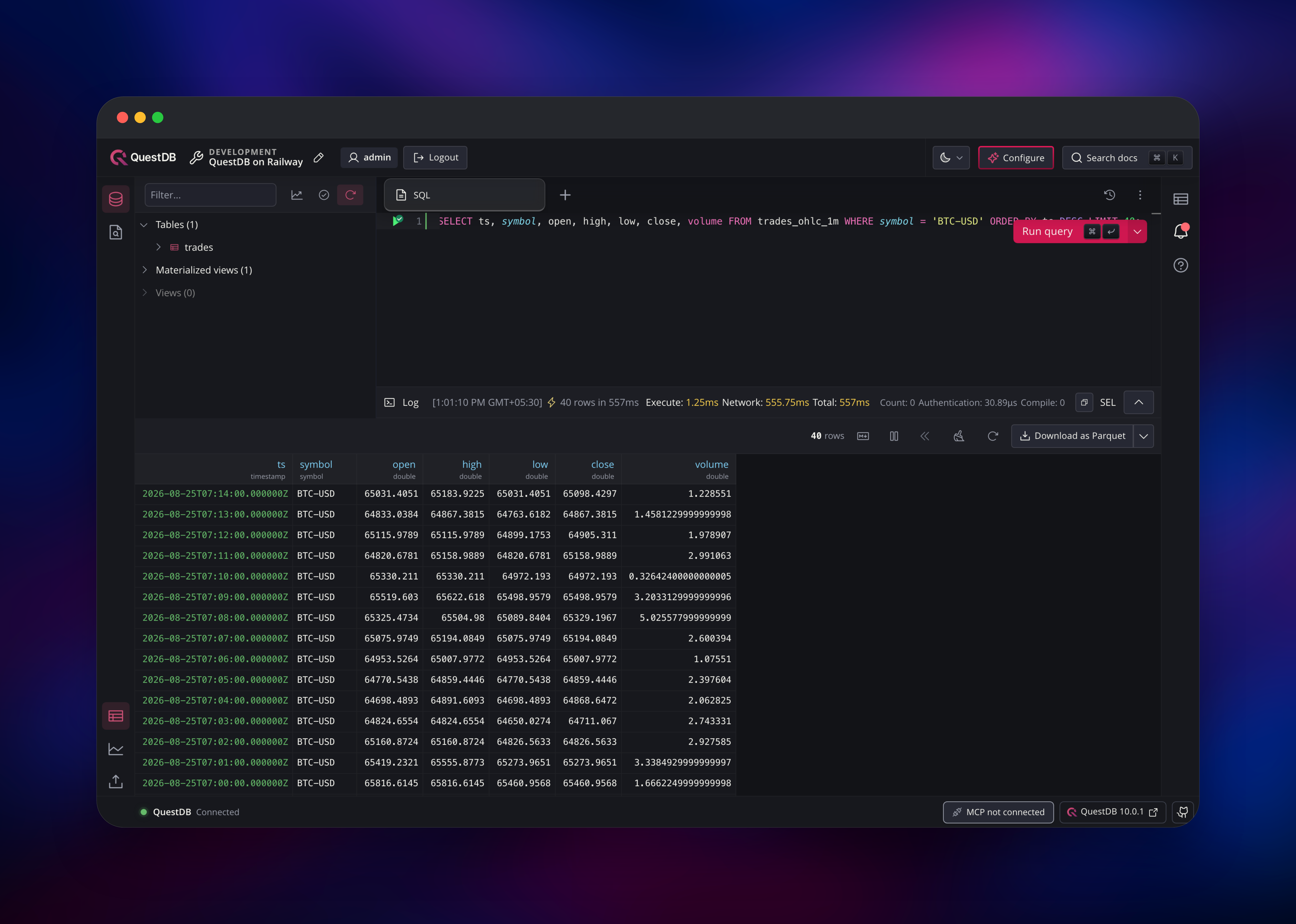 QuestDB console showing minute OHLC rows for BTC-USD