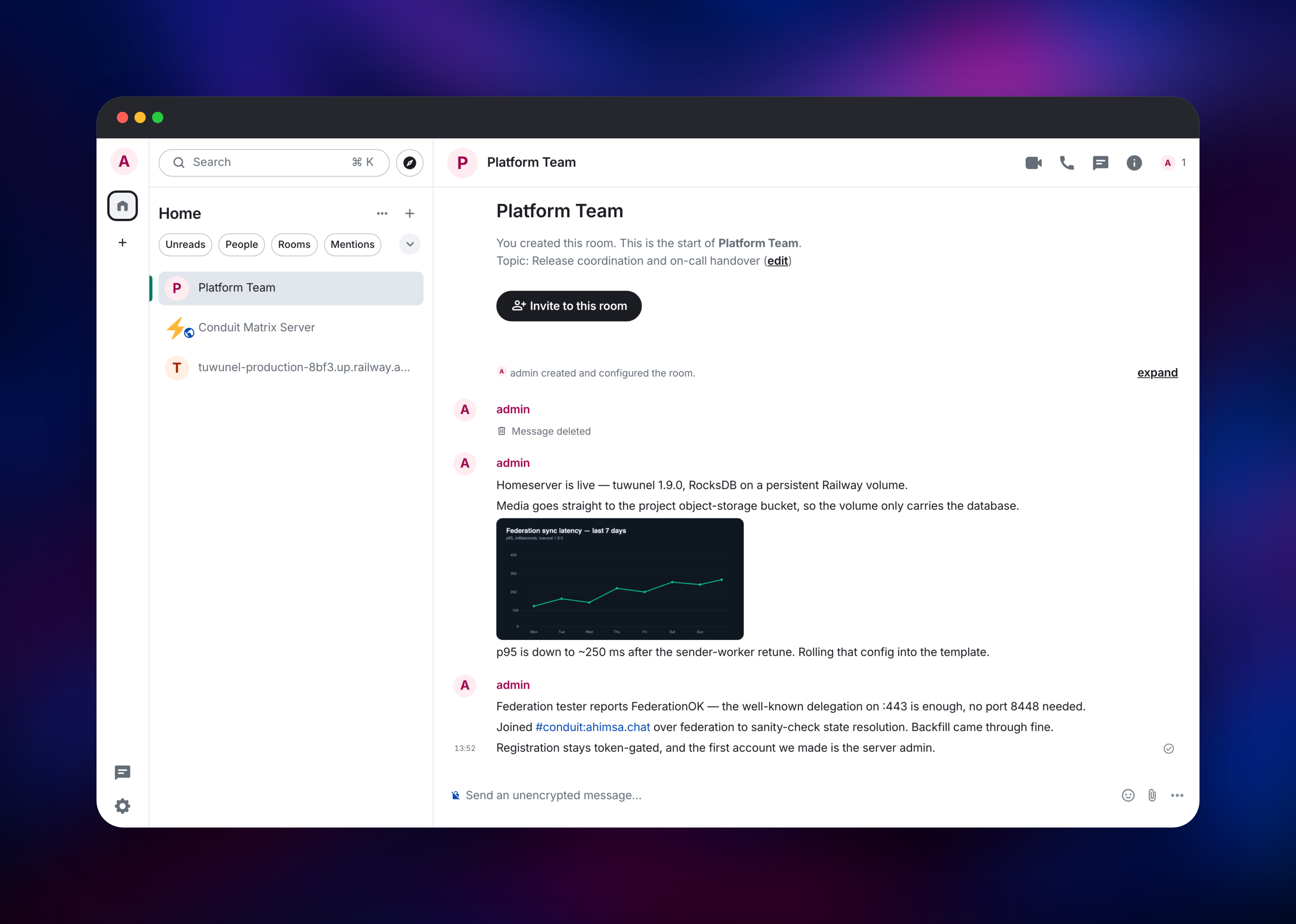 Element Web chat room on tuwunel showing messages and a chart
