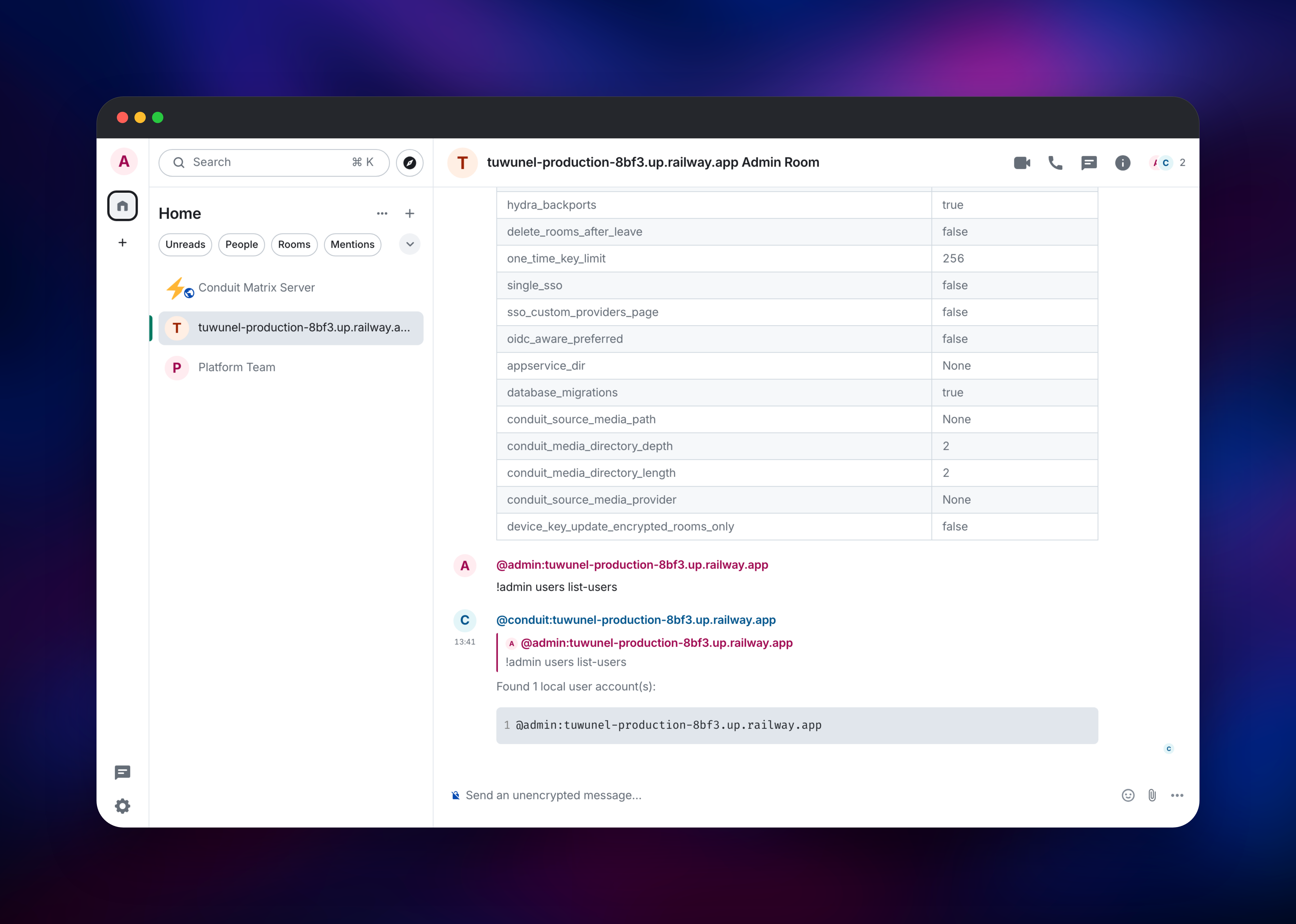 Tuwunel admin room listing server configuration and local accounts