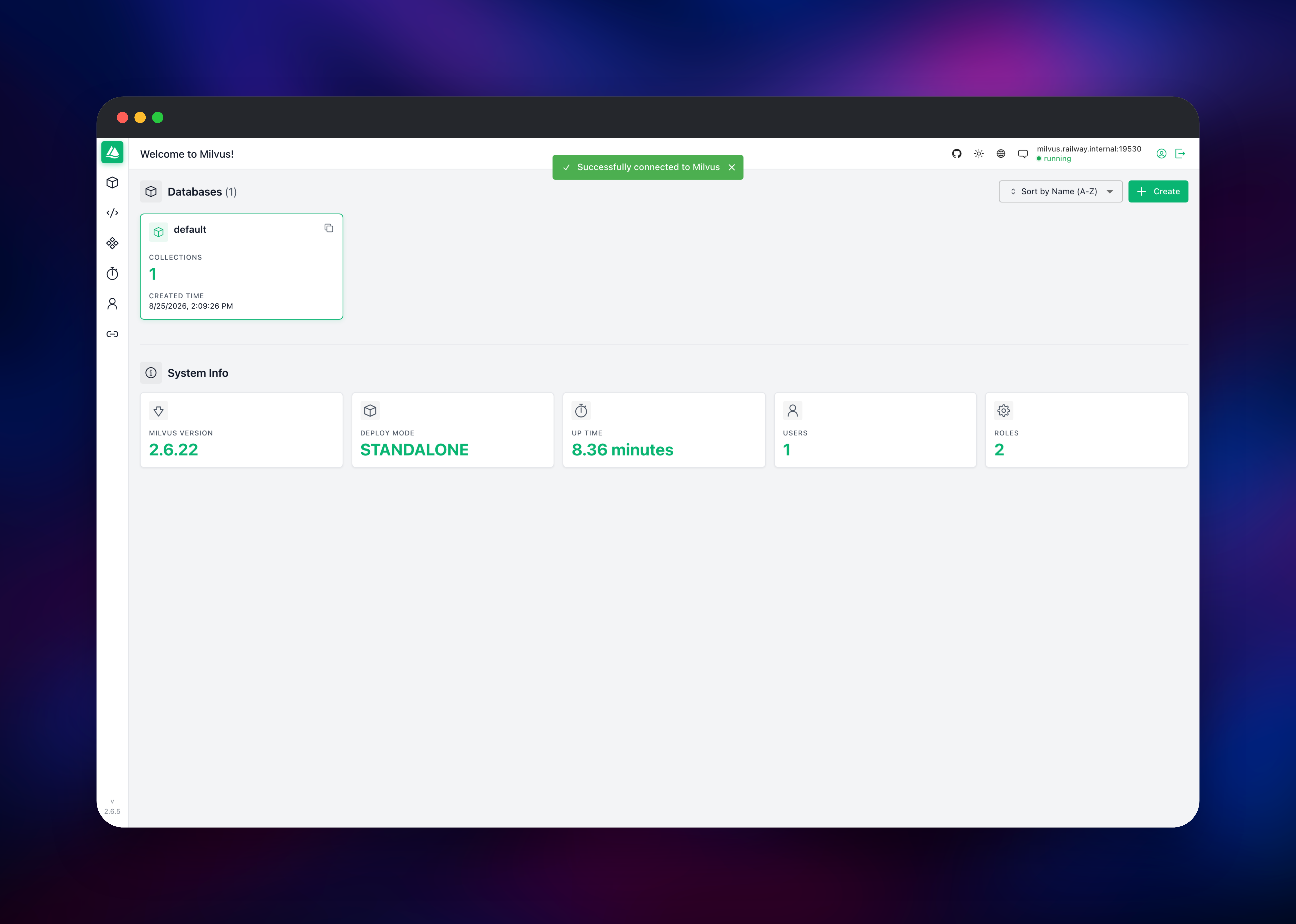Attu dashboard showing Milvus 2.6.22 running in standalone mode