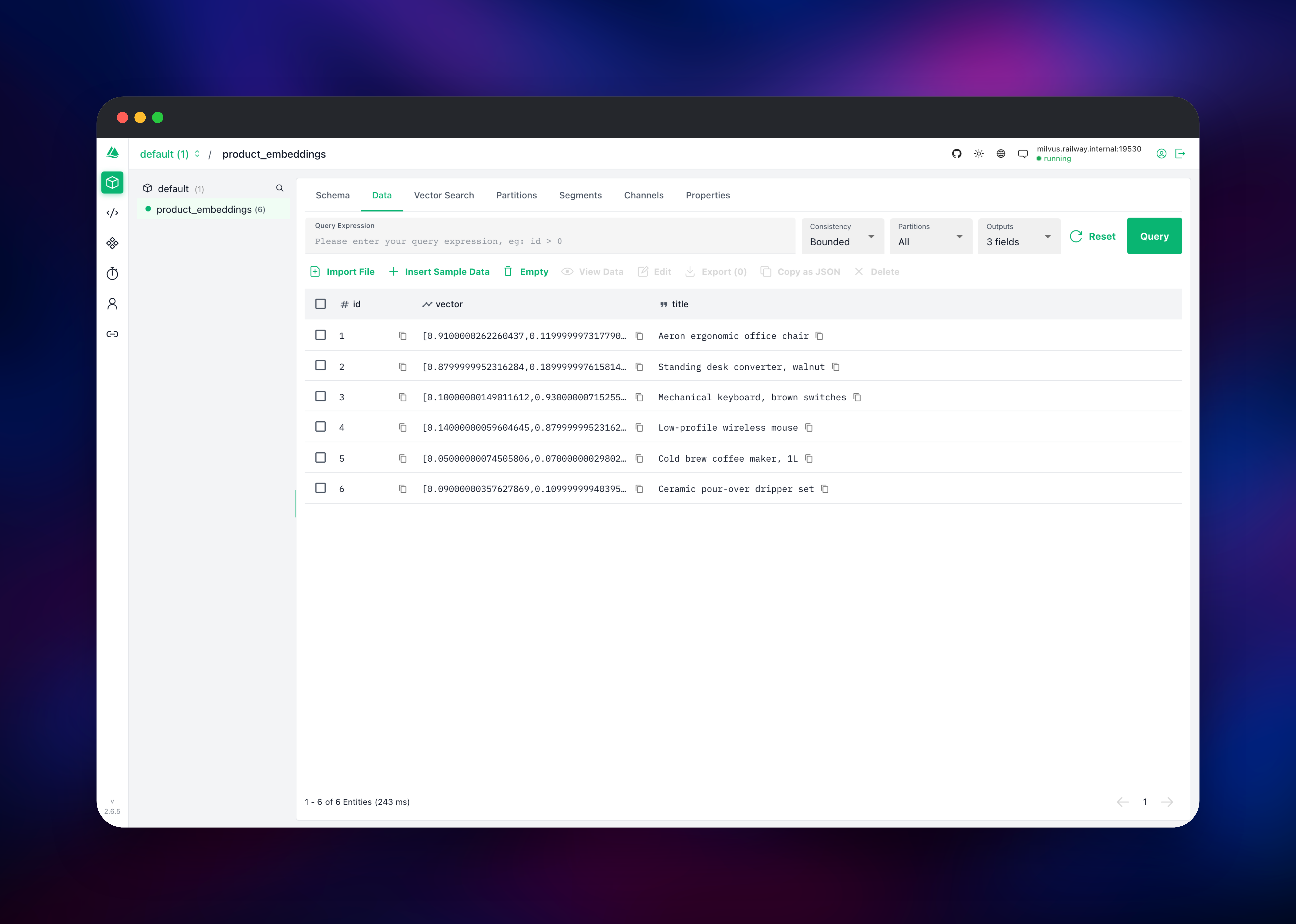Attu data browser listing six product embedding rows