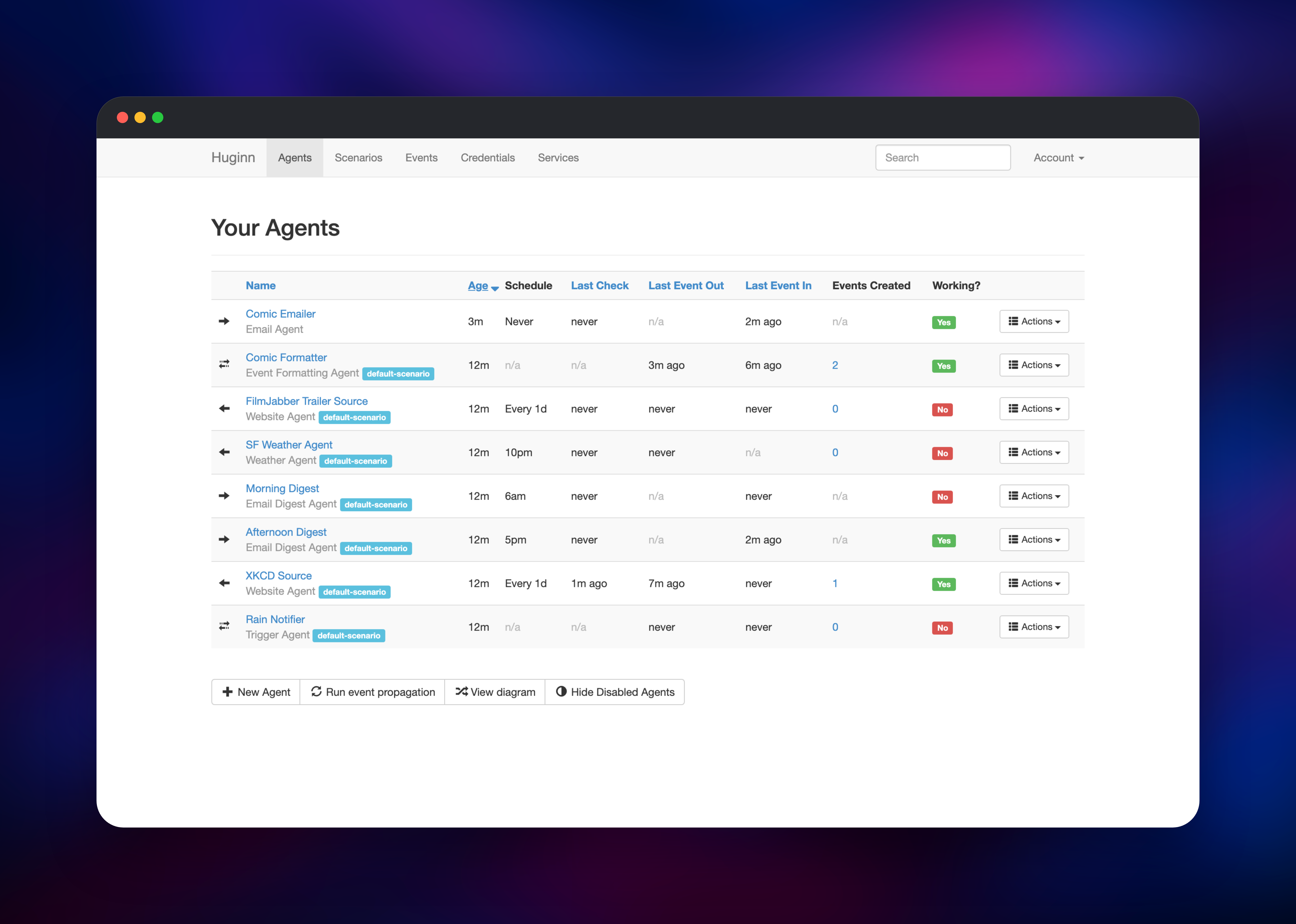 Huginn agent list showing schedules, last check times and working status