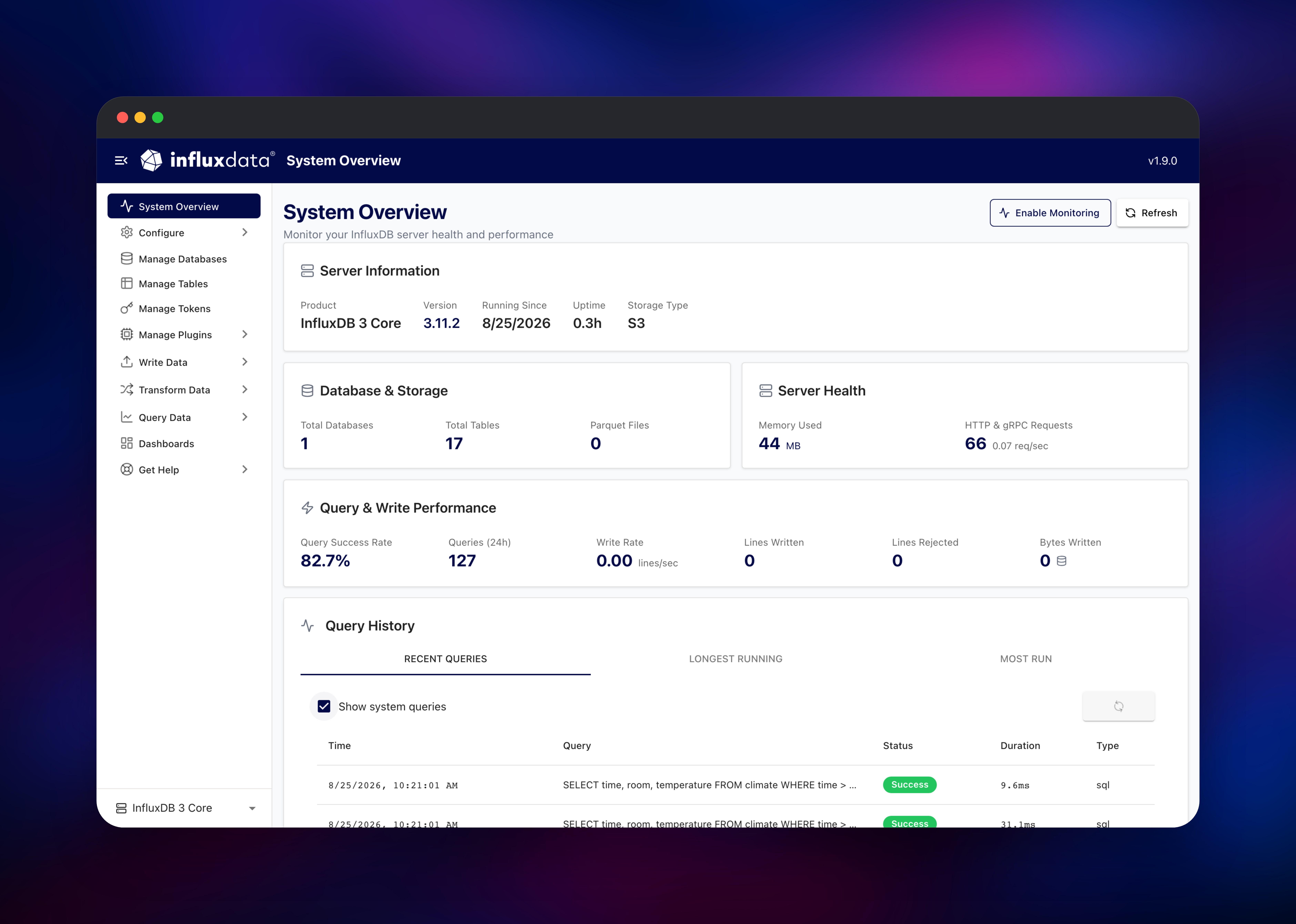 Explorer system overview reporting InfluxDB 3 Core 3.11.2 on S3 storage