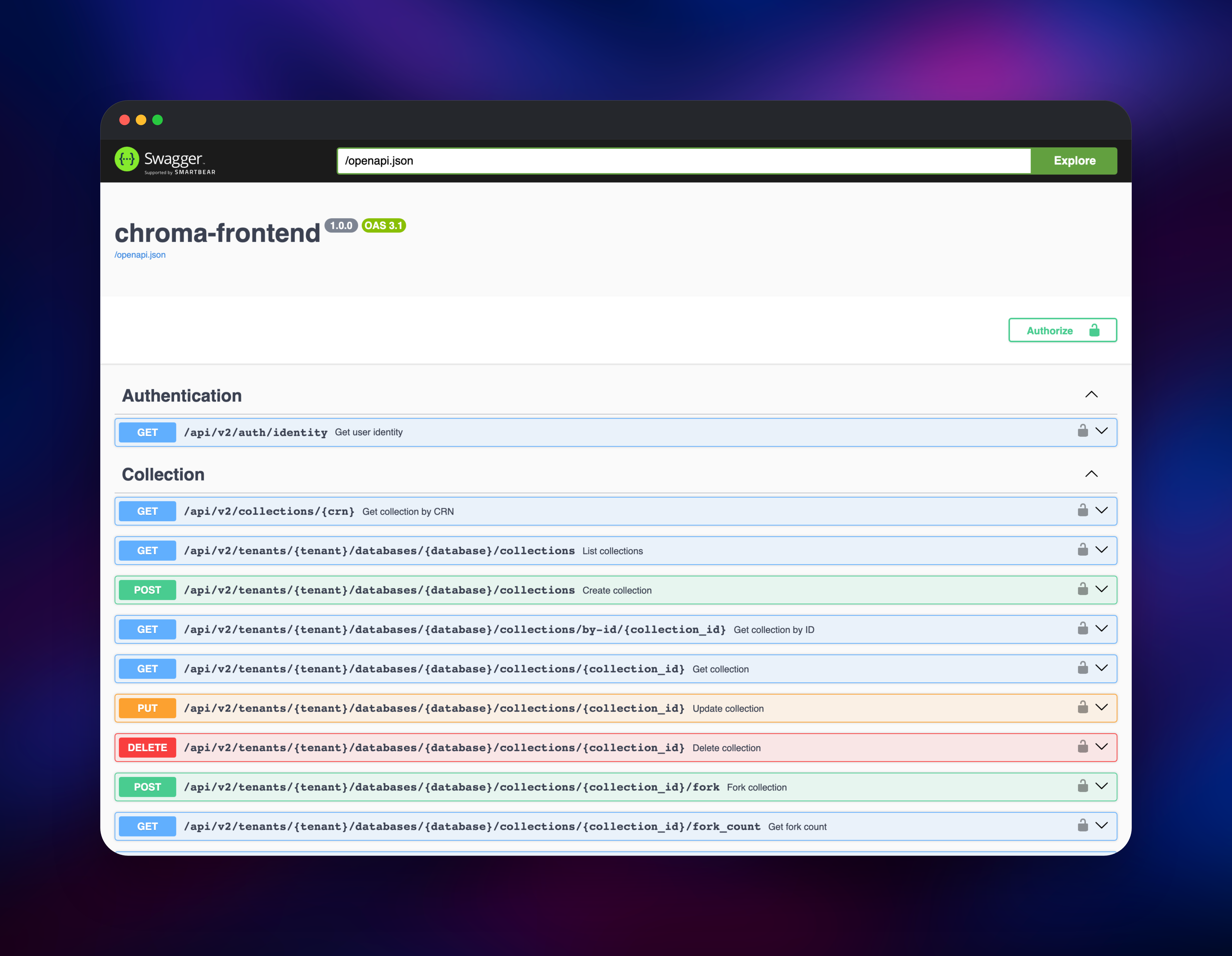 ChromaDB API explorer listing collection and record endpoints