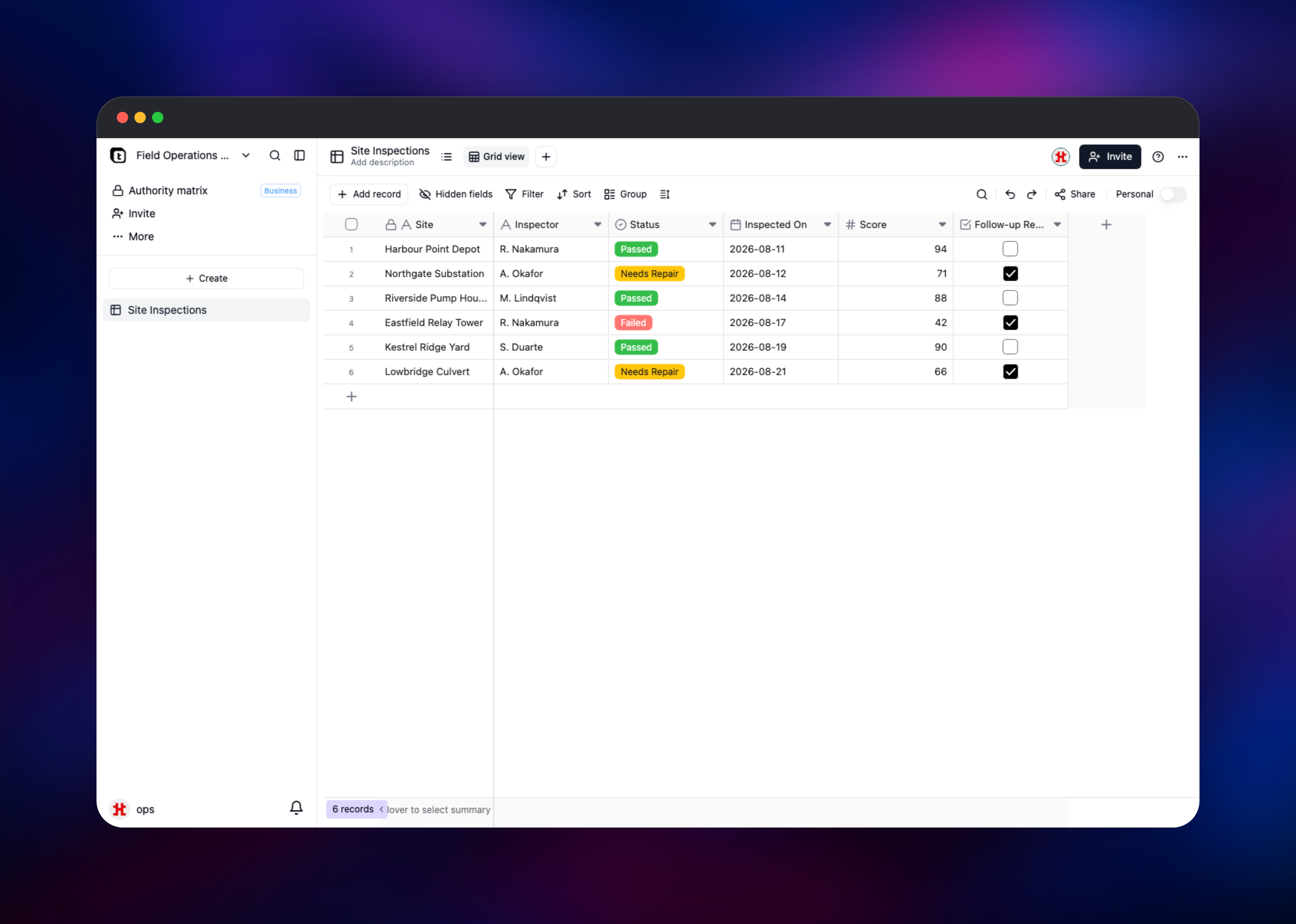 Teable grid view listing six site inspection records