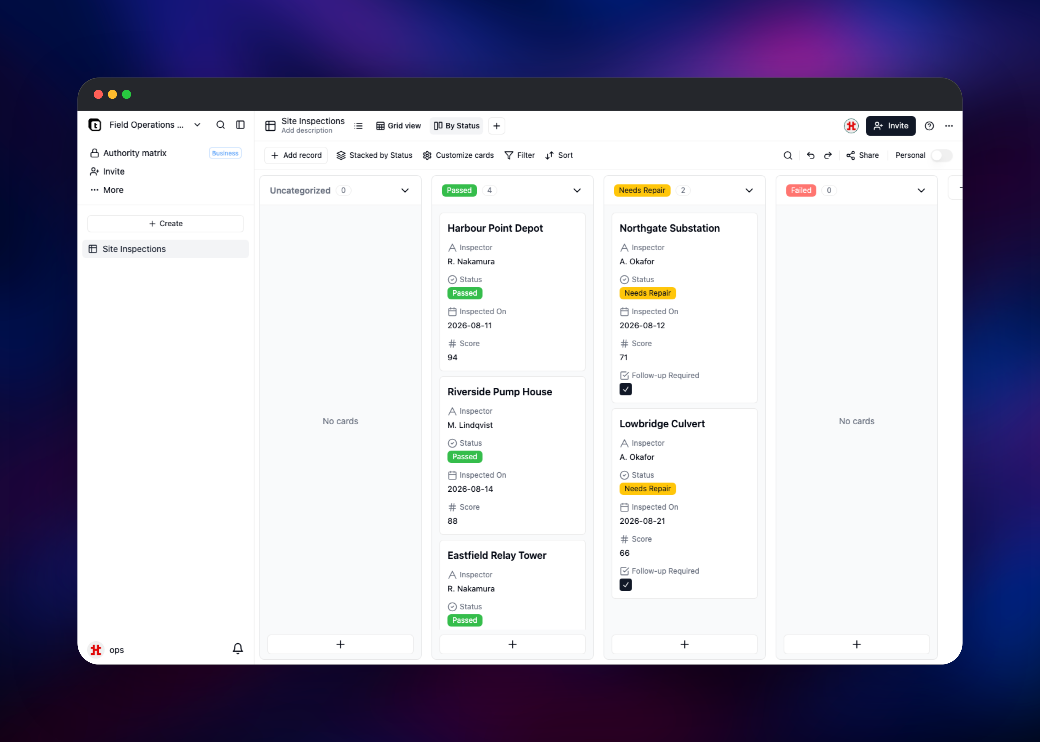 Teable kanban board stacking inspection cards by status