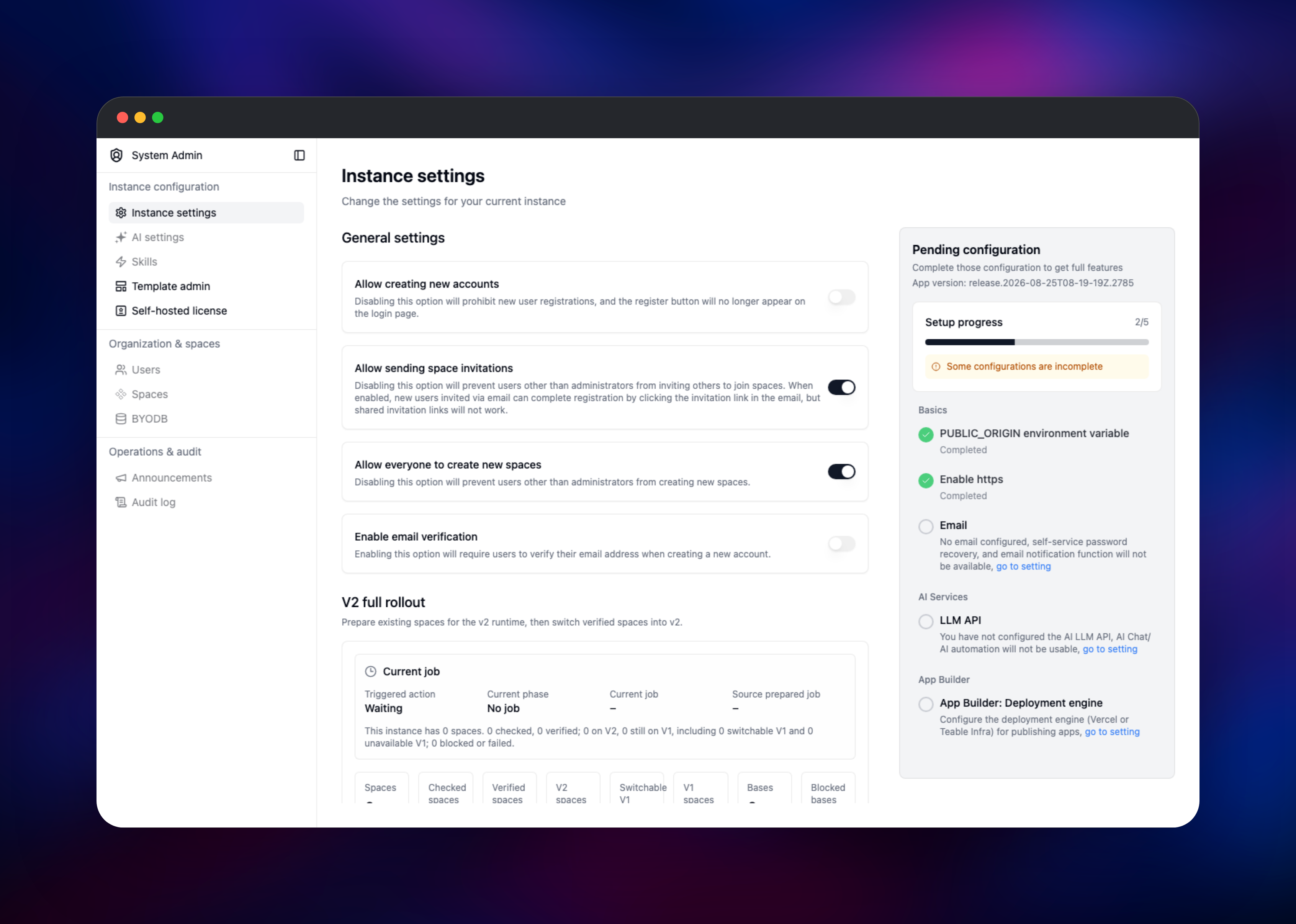 Teable admin instance settings with account signup disabled