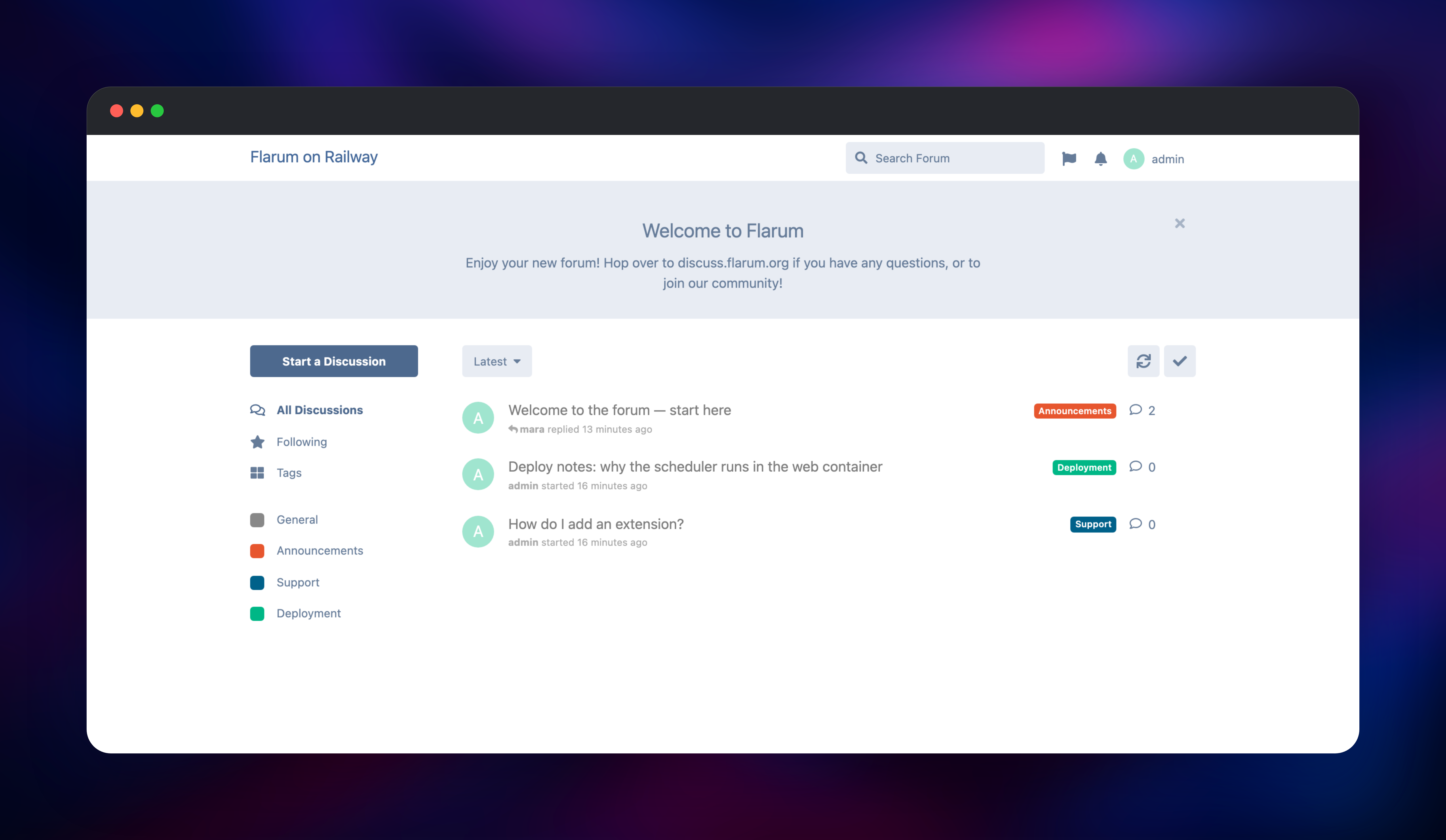 Flarum front page listing tagged discussions and the tag sidebar