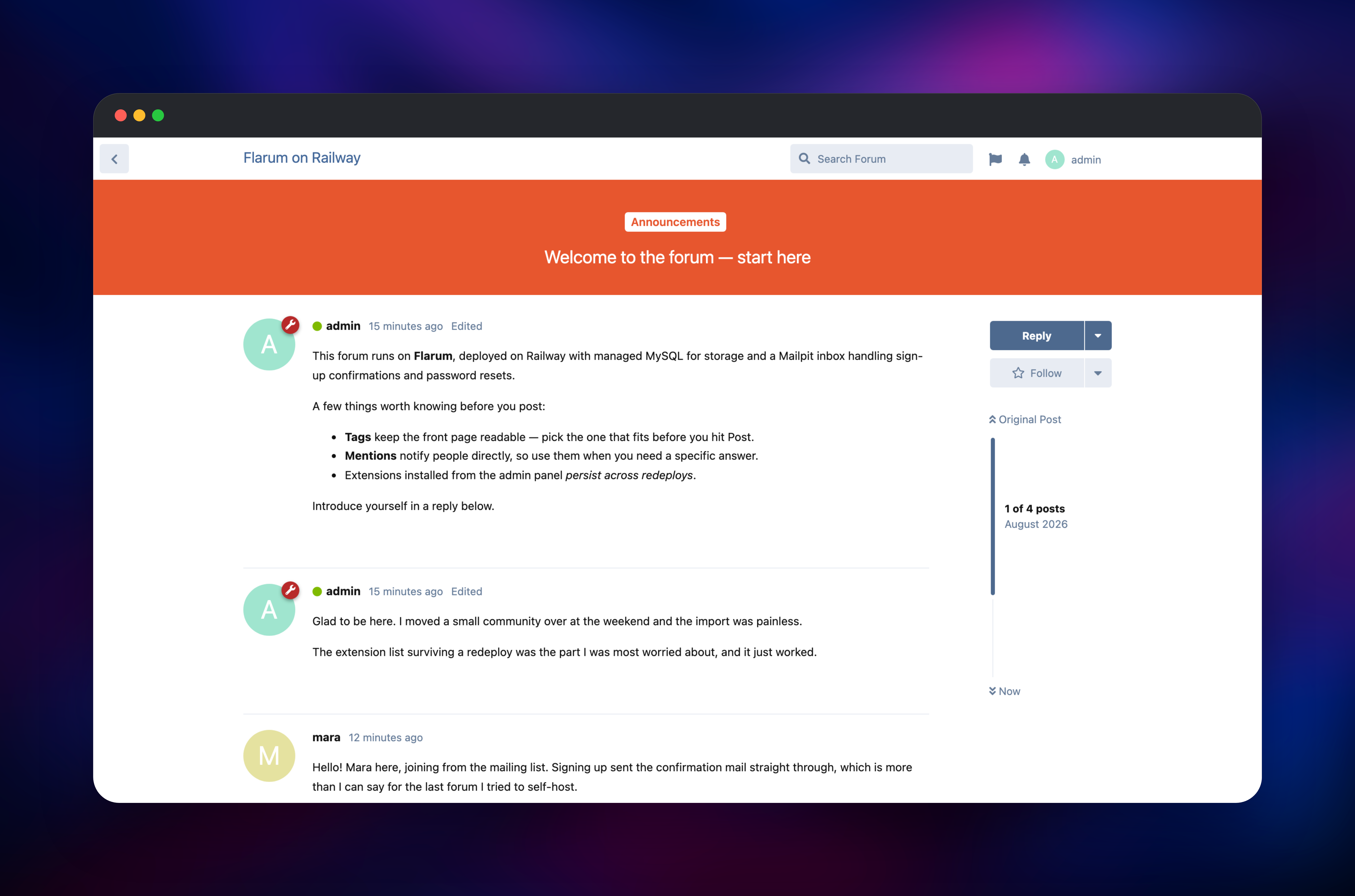 Flarum thread showing formatted replies from two forum members