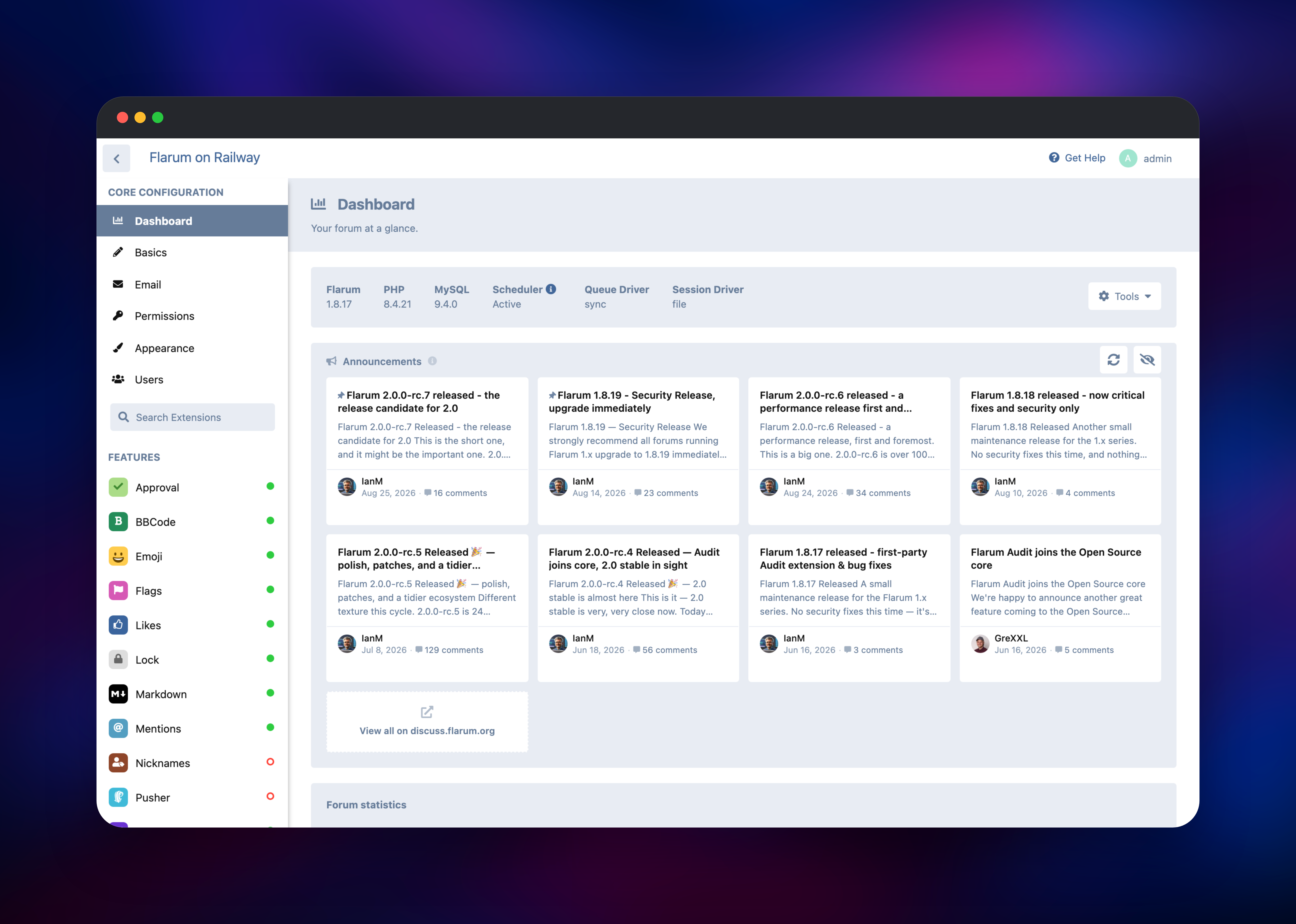 Flarum admin dashboard with version details and enabled extensions
