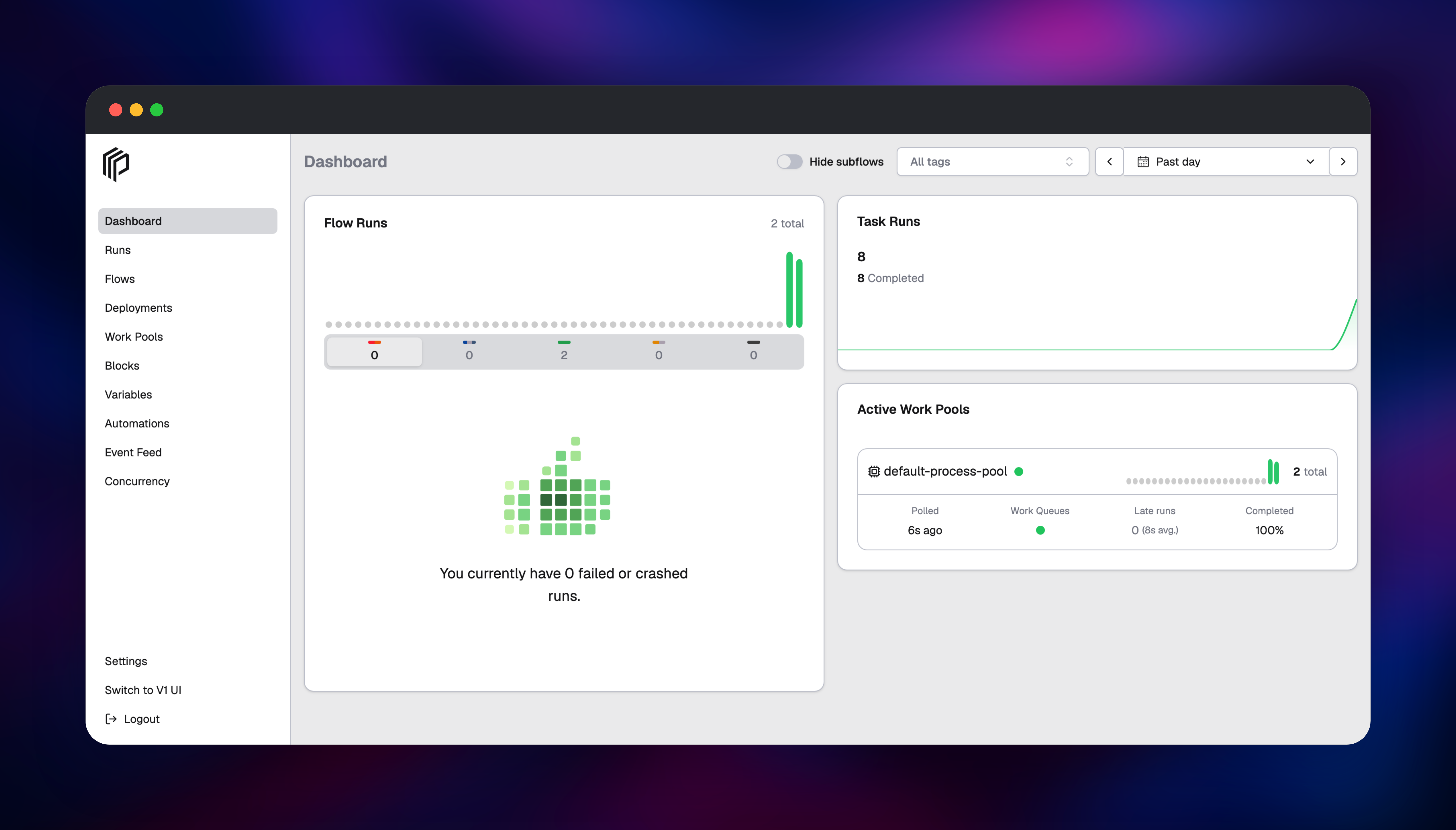 Prefect dashboard showing completed flow runs and an active work pool