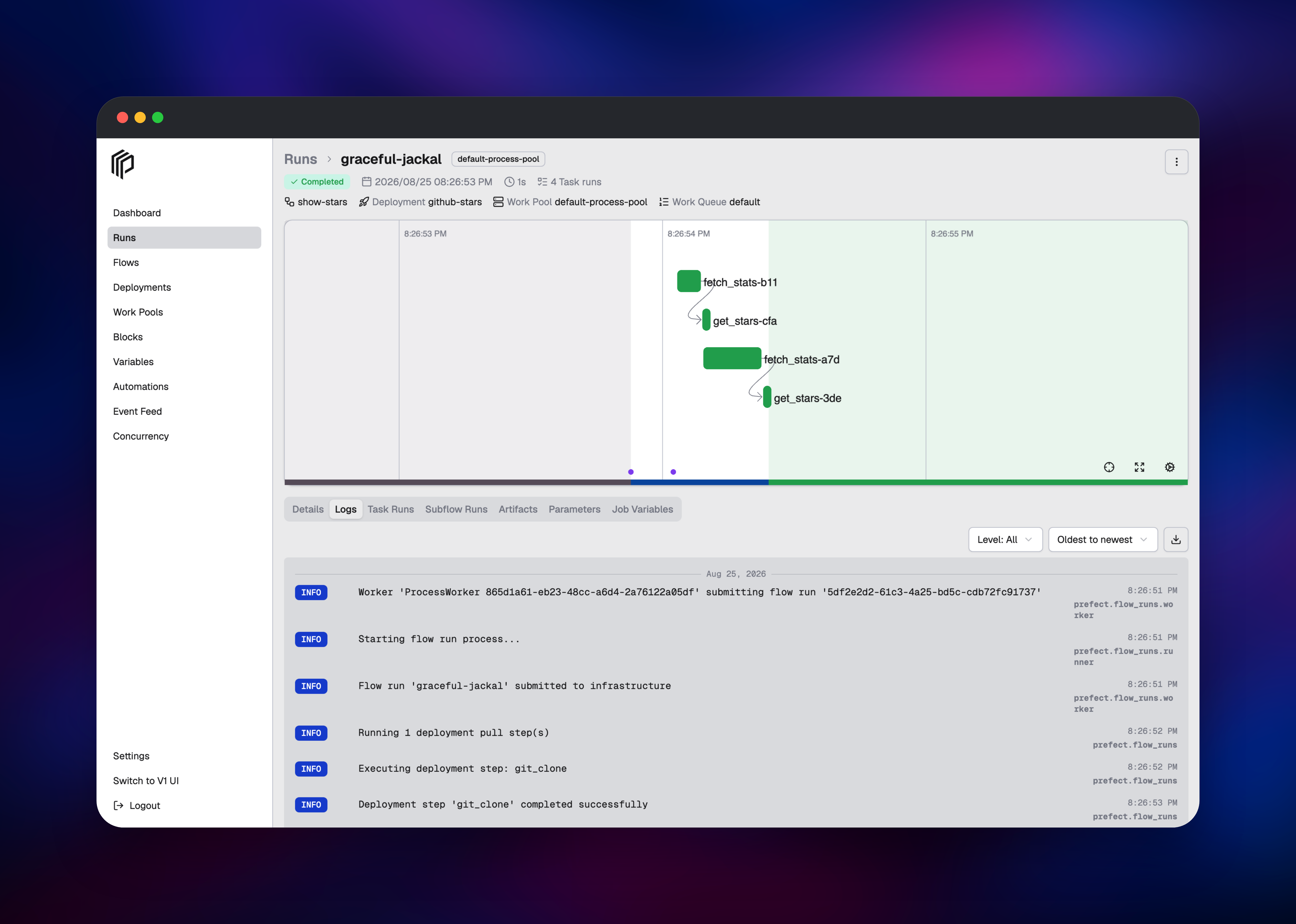 Prefect run timeline of four task runs beside its execution logs
