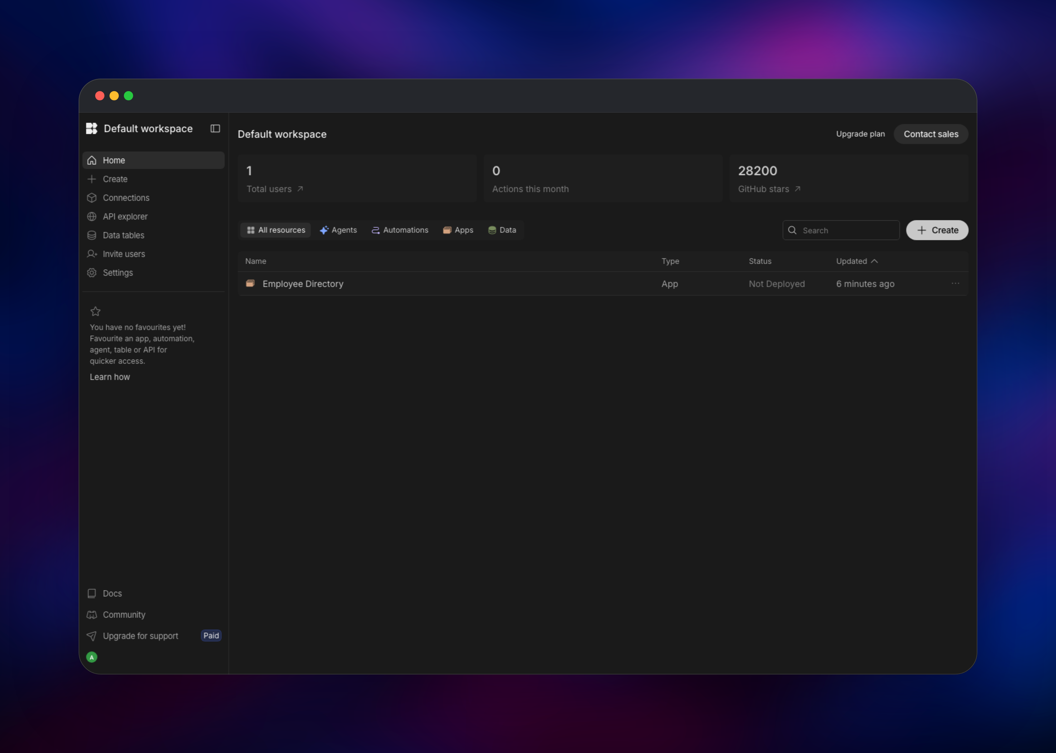 Budibase workspace home listing agents, automations, apps and data