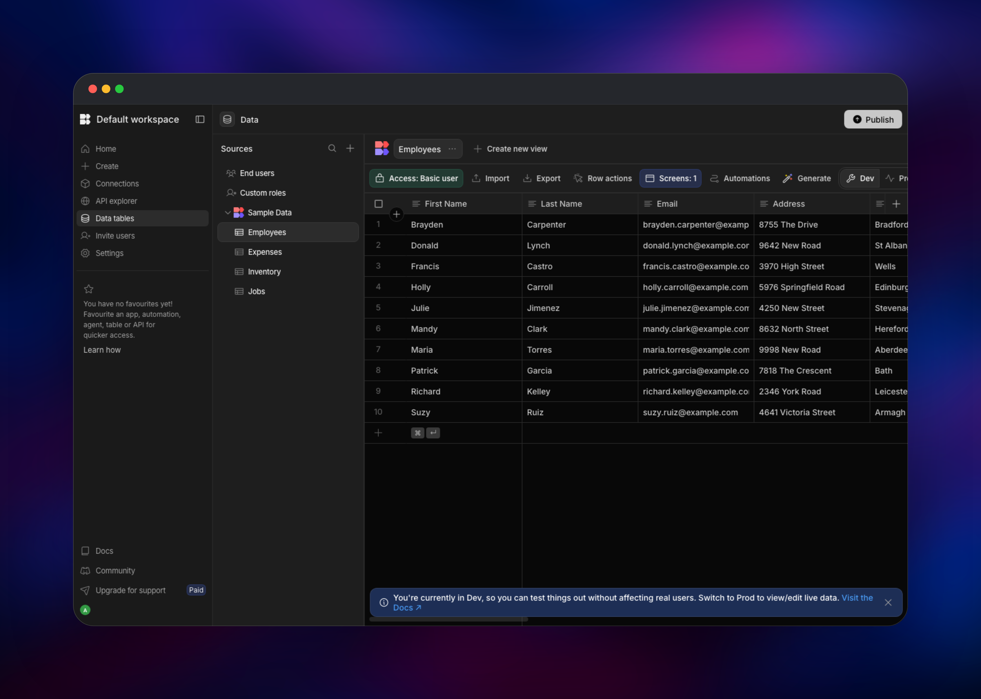 Budibase data grid showing ten employee records with contact columns
