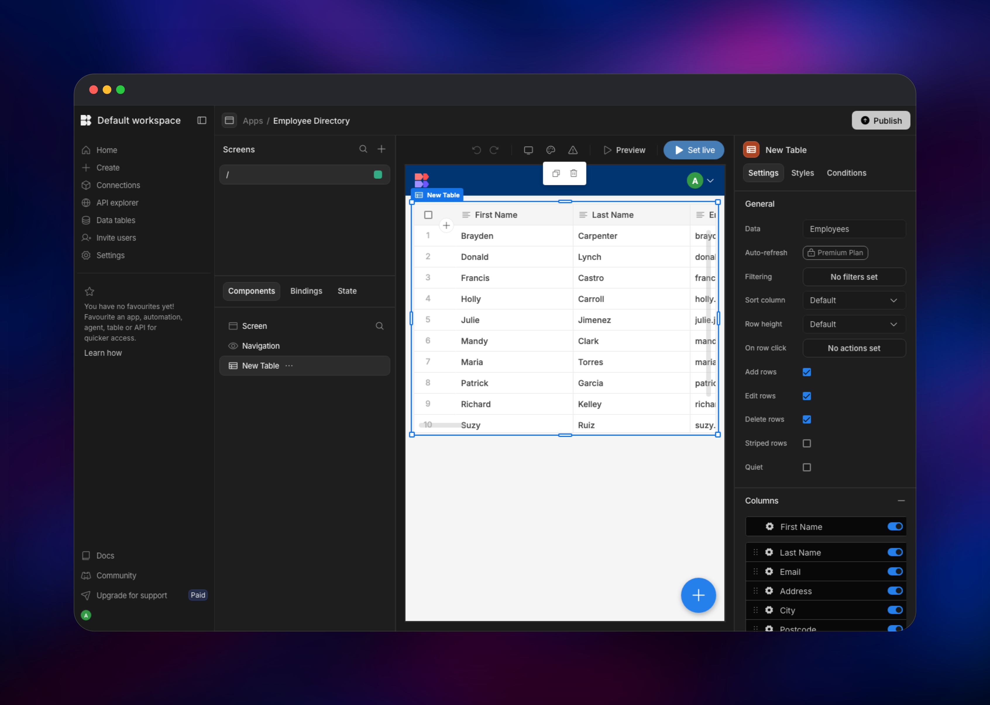 Budibase app builder canvas with a table component bound to employees