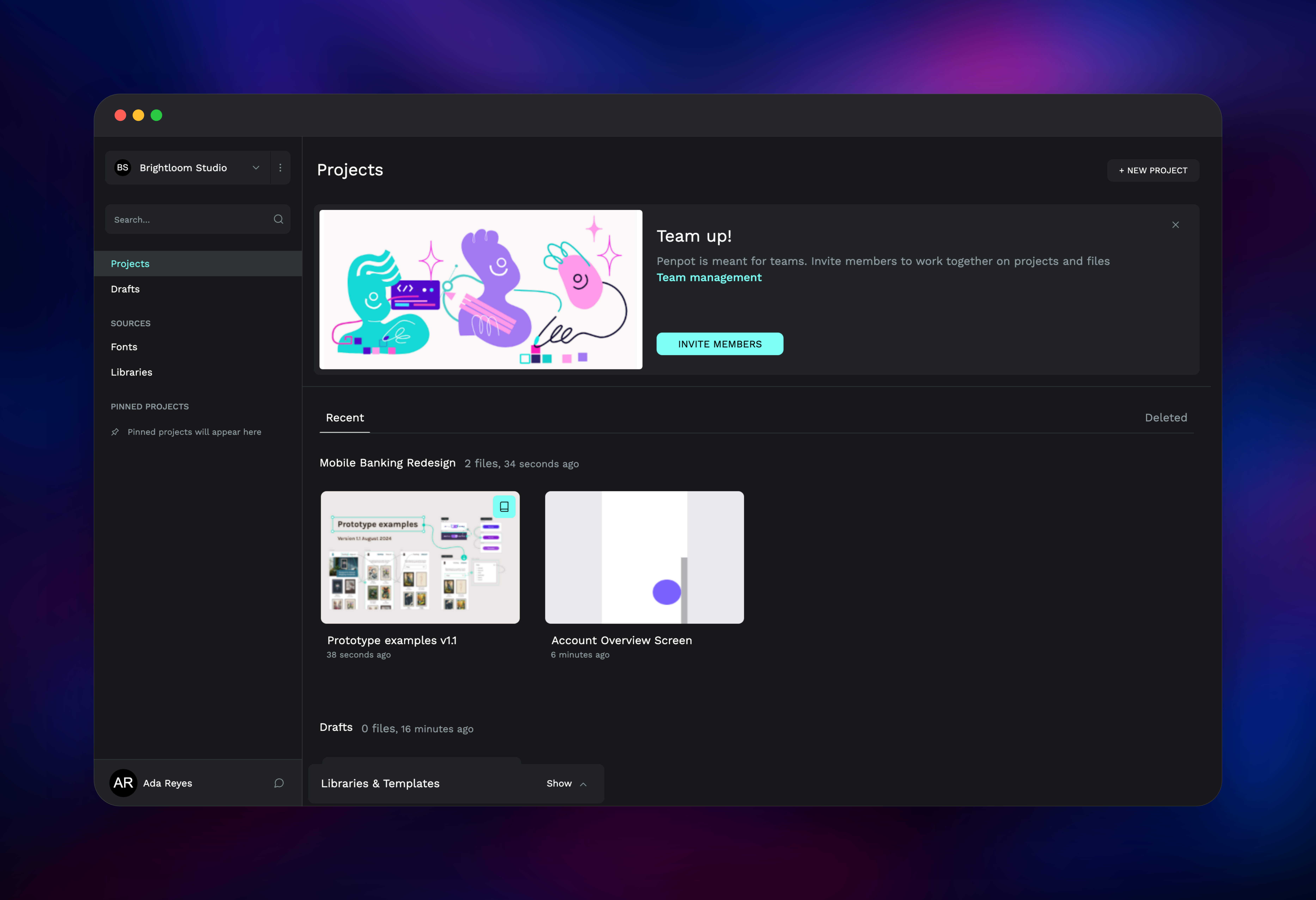 Penpot team dashboard listing two design files with thumbnails