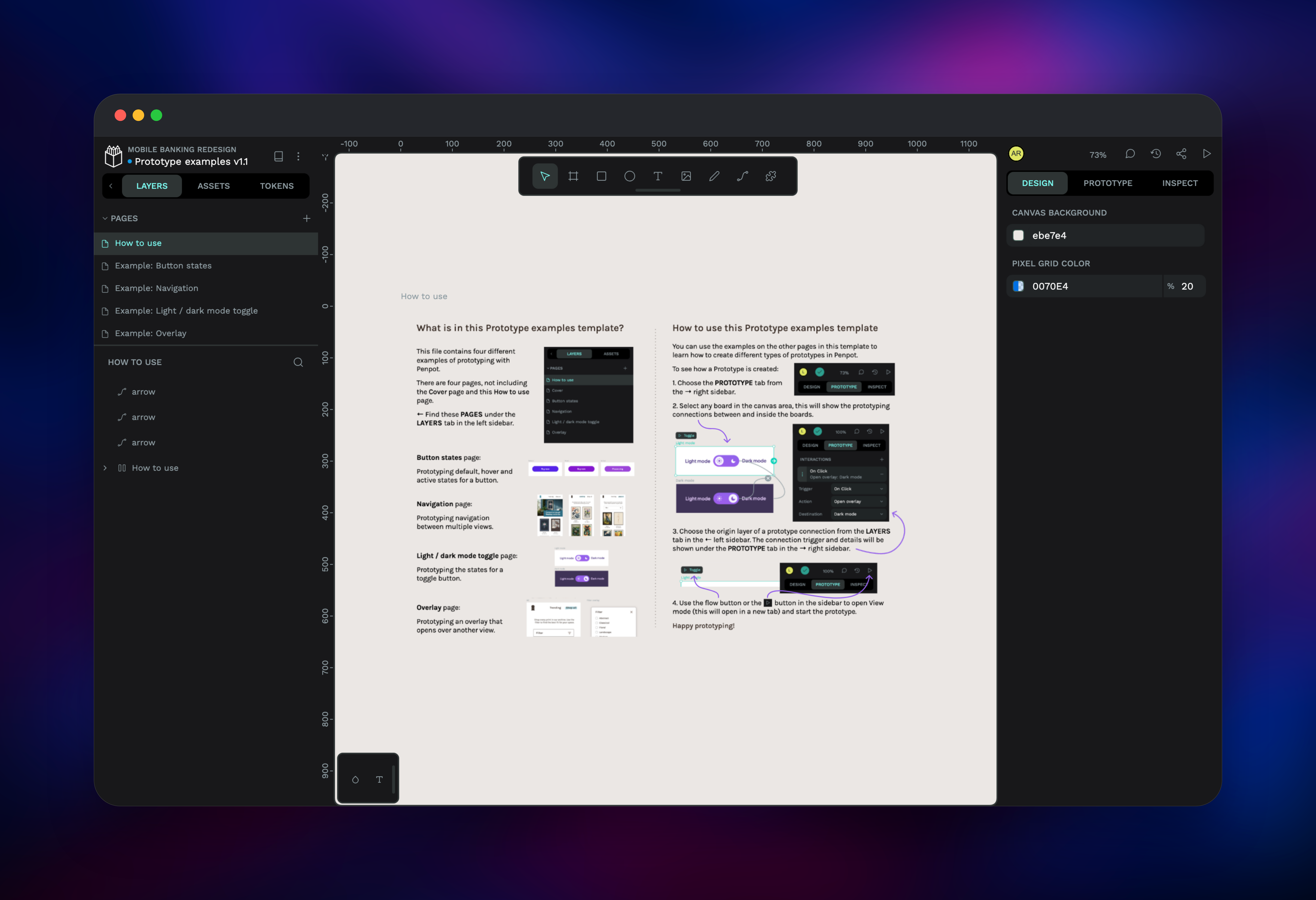 Penpot workspace editing a multi-page prototype example file