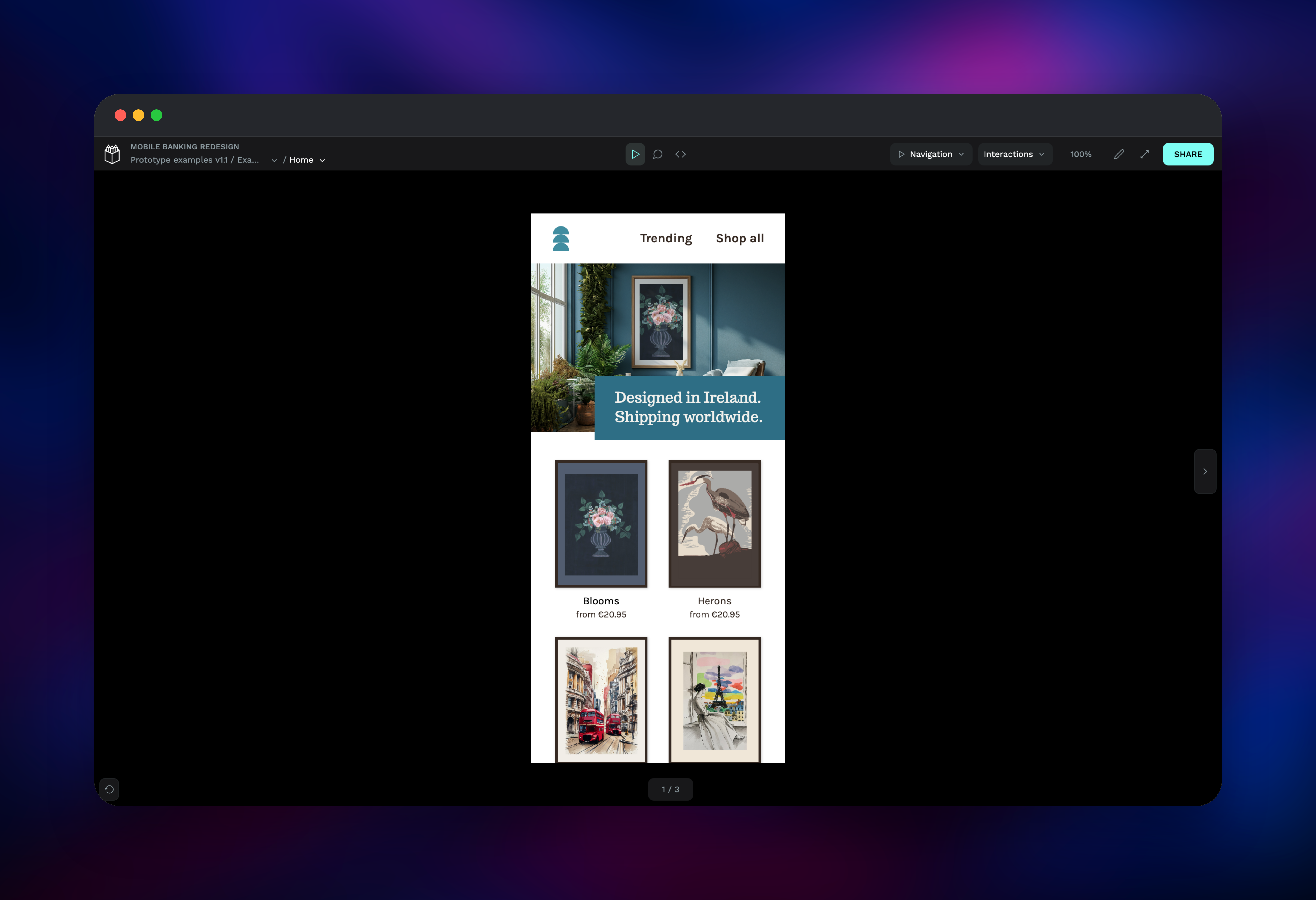 Penpot viewer running an interactive mobile shop prototype