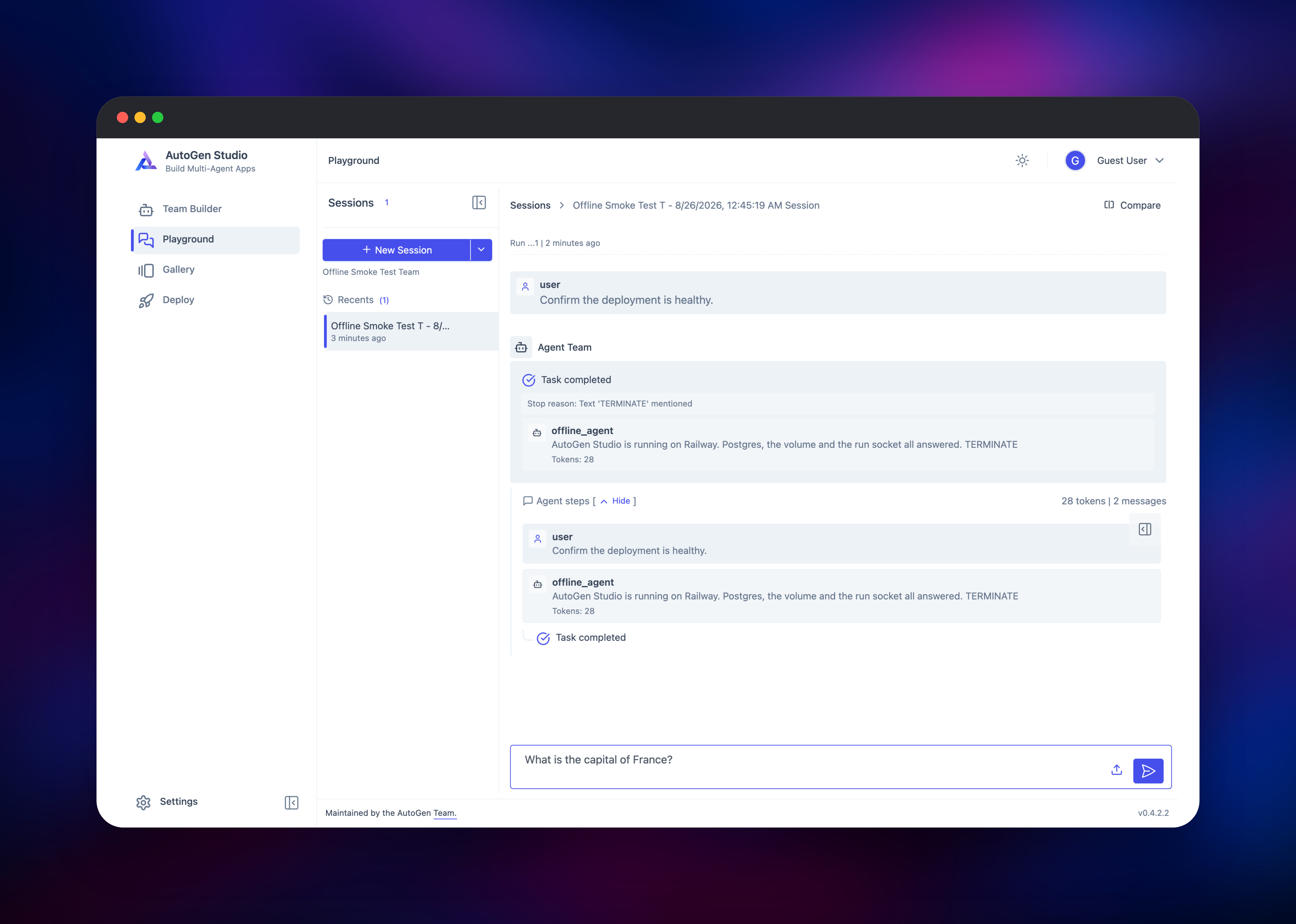 AutoGen Studio playground showing a completed multi-agent run