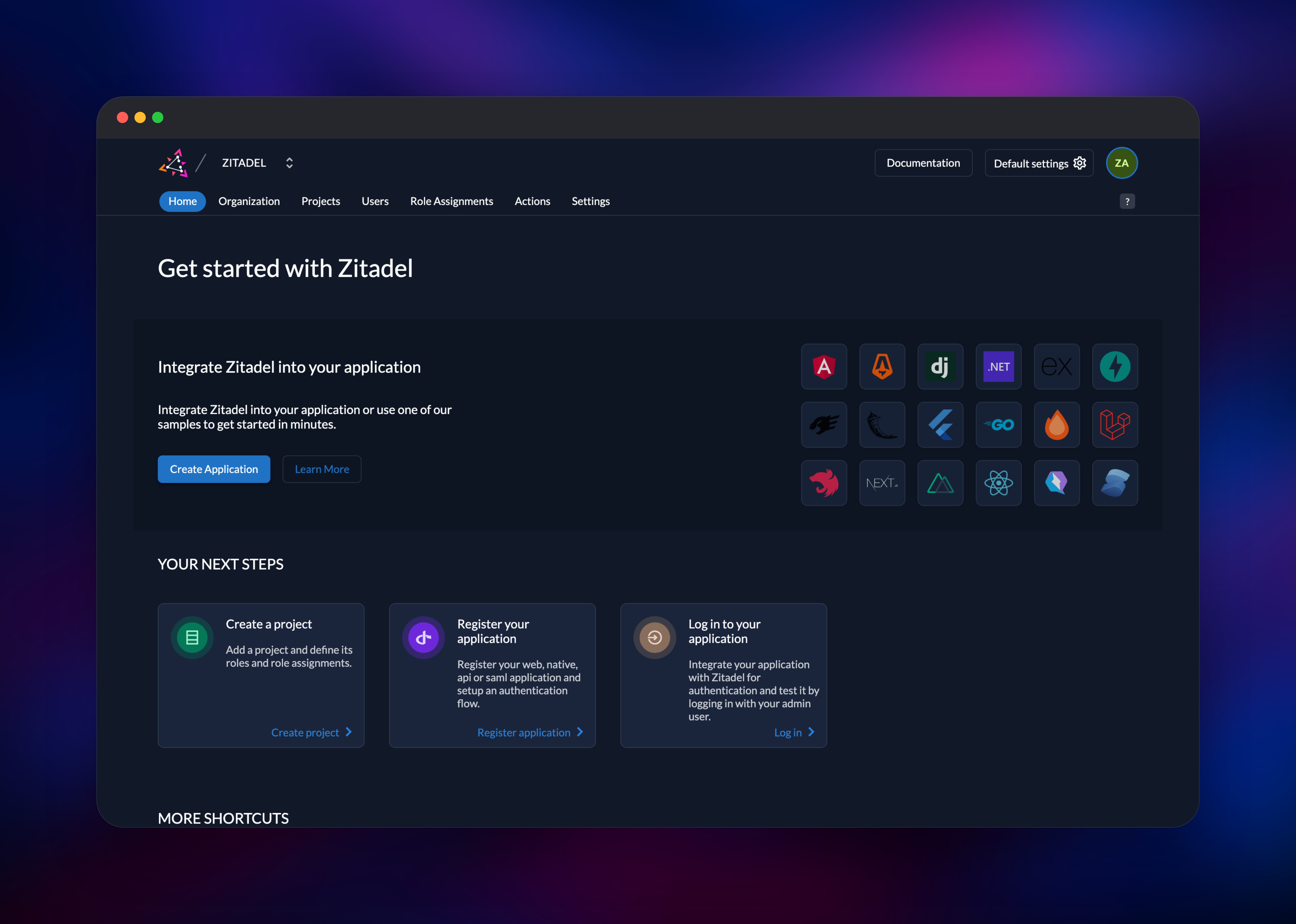 Zitadel management console home with SDK integration shortcuts