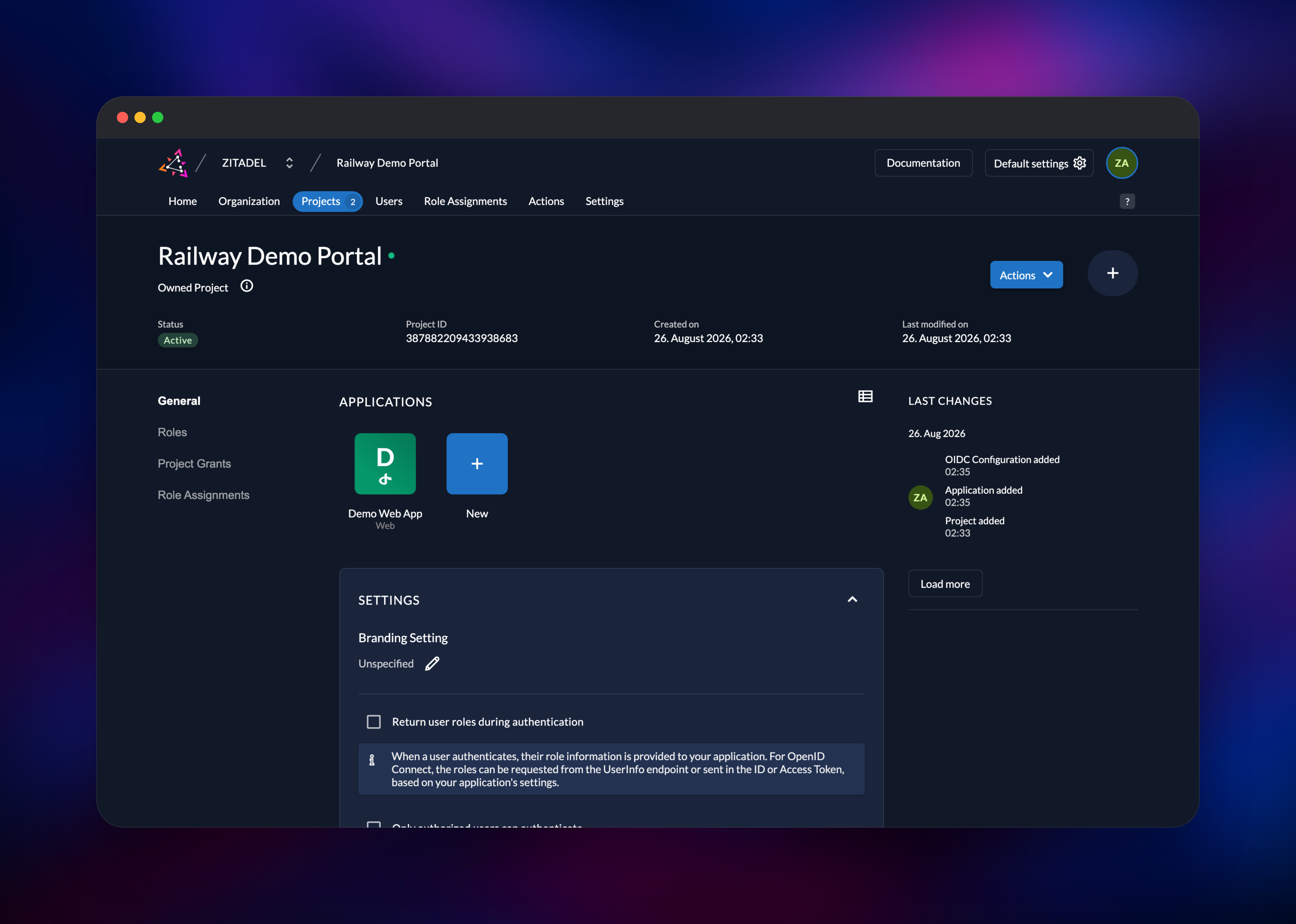 Zitadel project page showing a registered OIDC web application