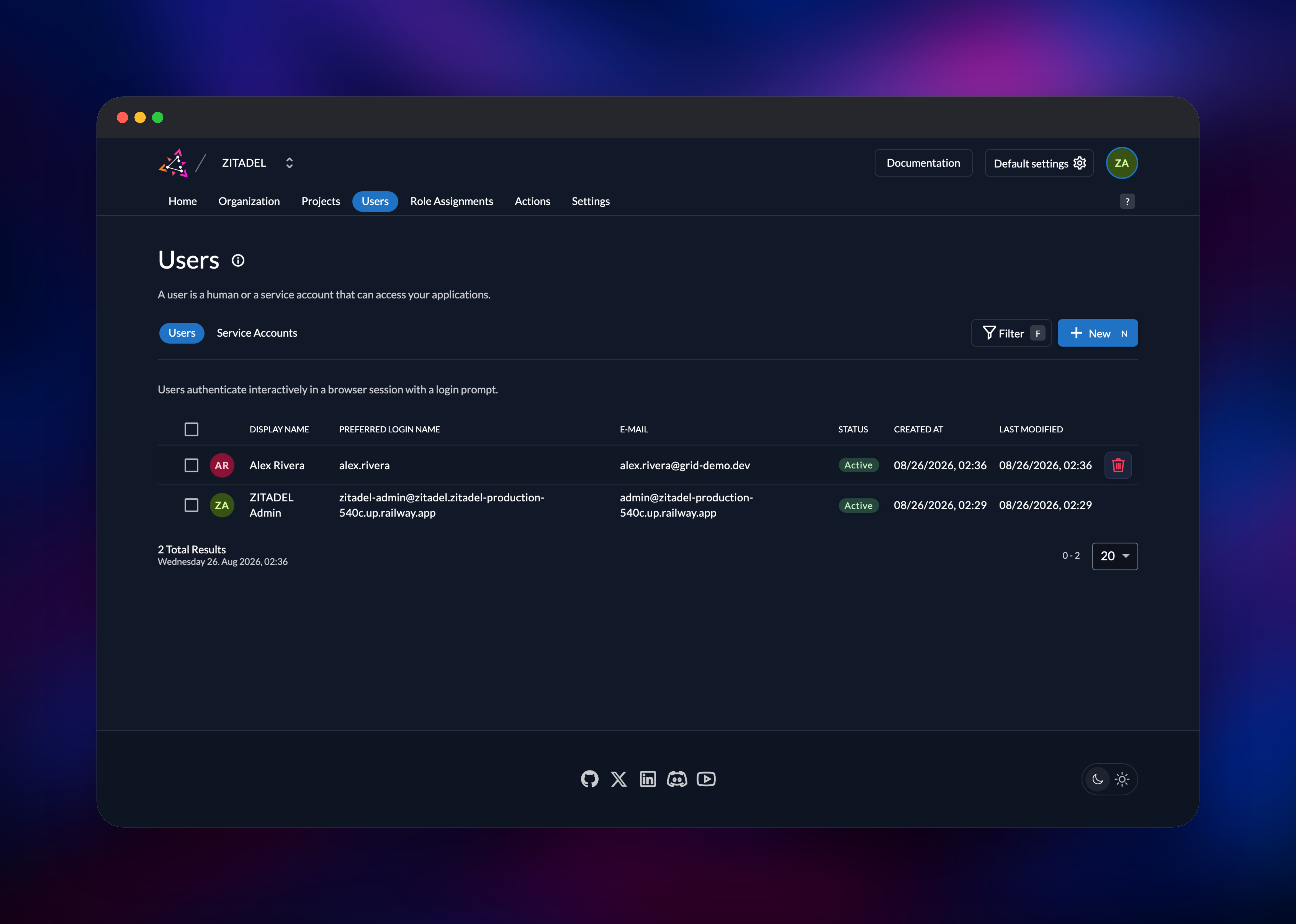 Zitadel user list with an invited account and the instance admin