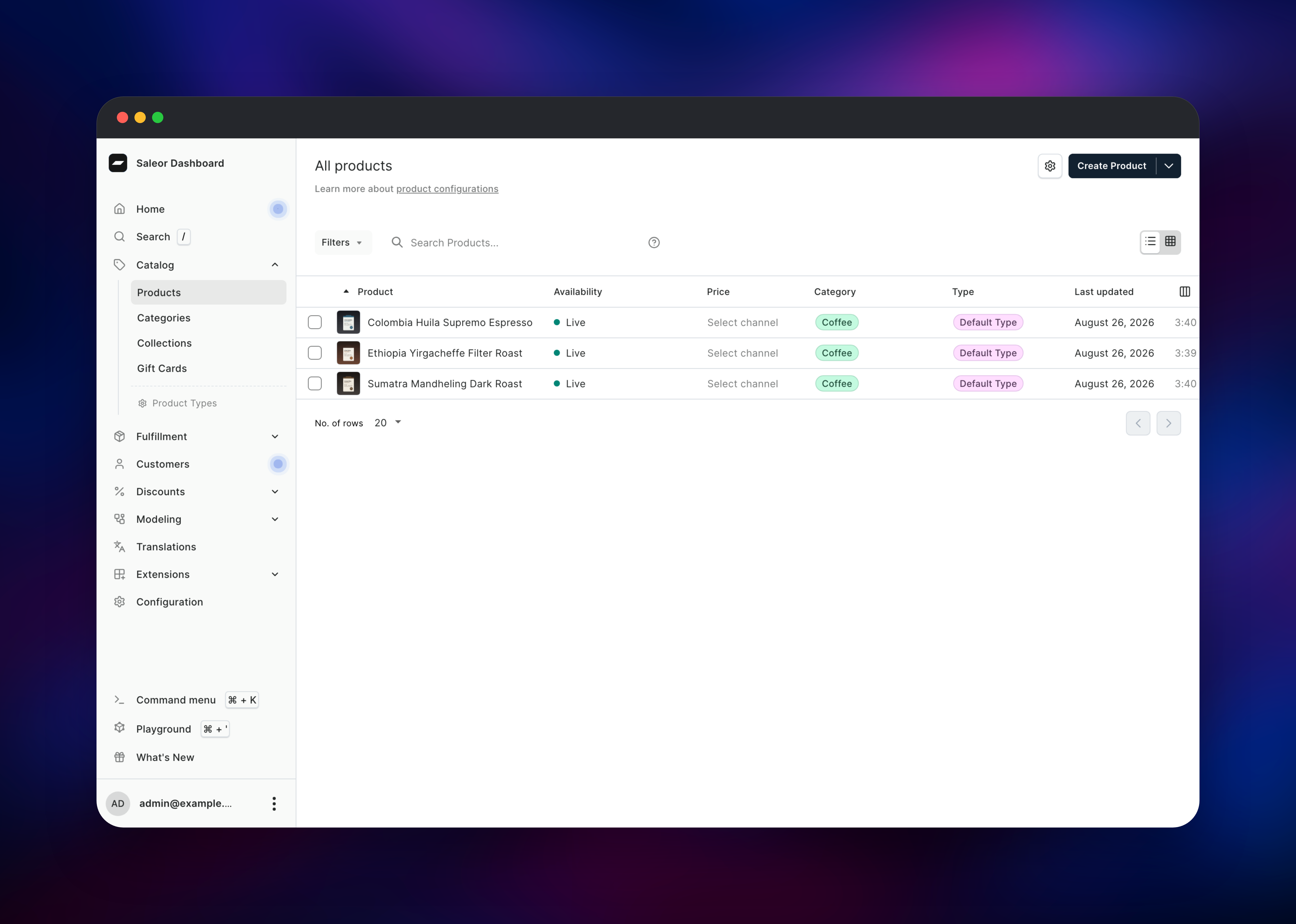 Saleor dashboard listing three live coffee products with thumbnails