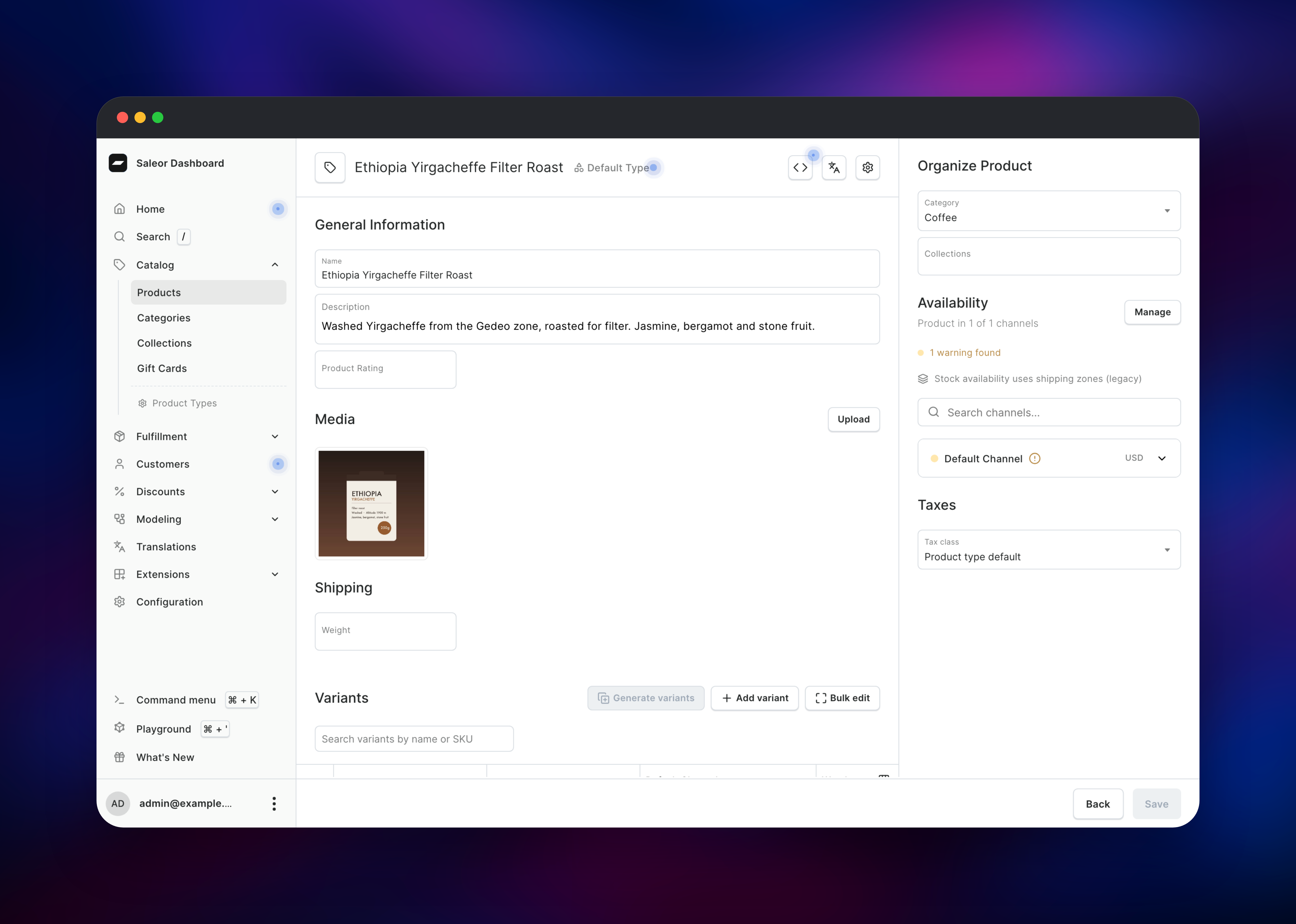 Saleor product page showing media, category and channel availability