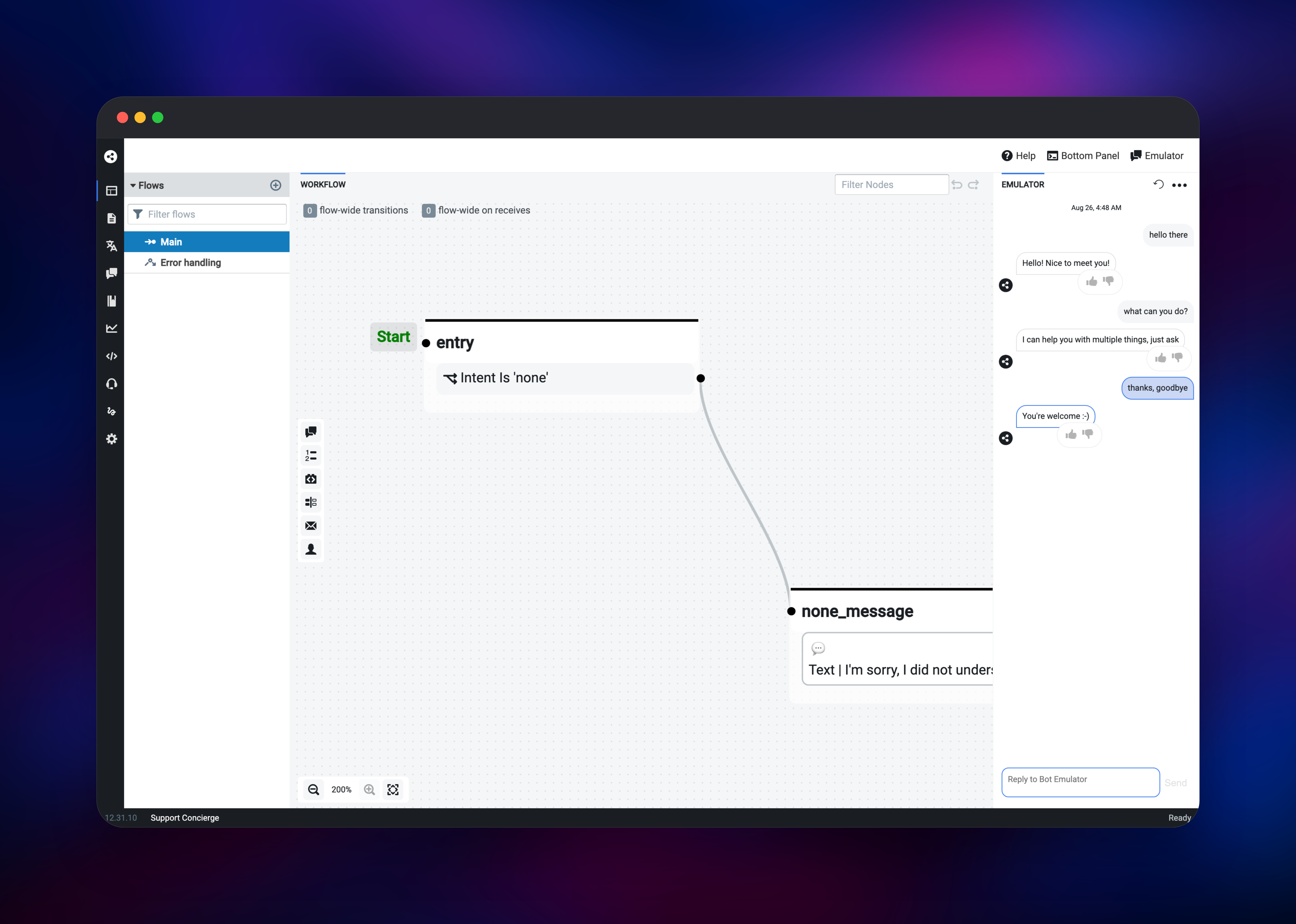 Botpress Studio flow editor beside a working chat emulator
