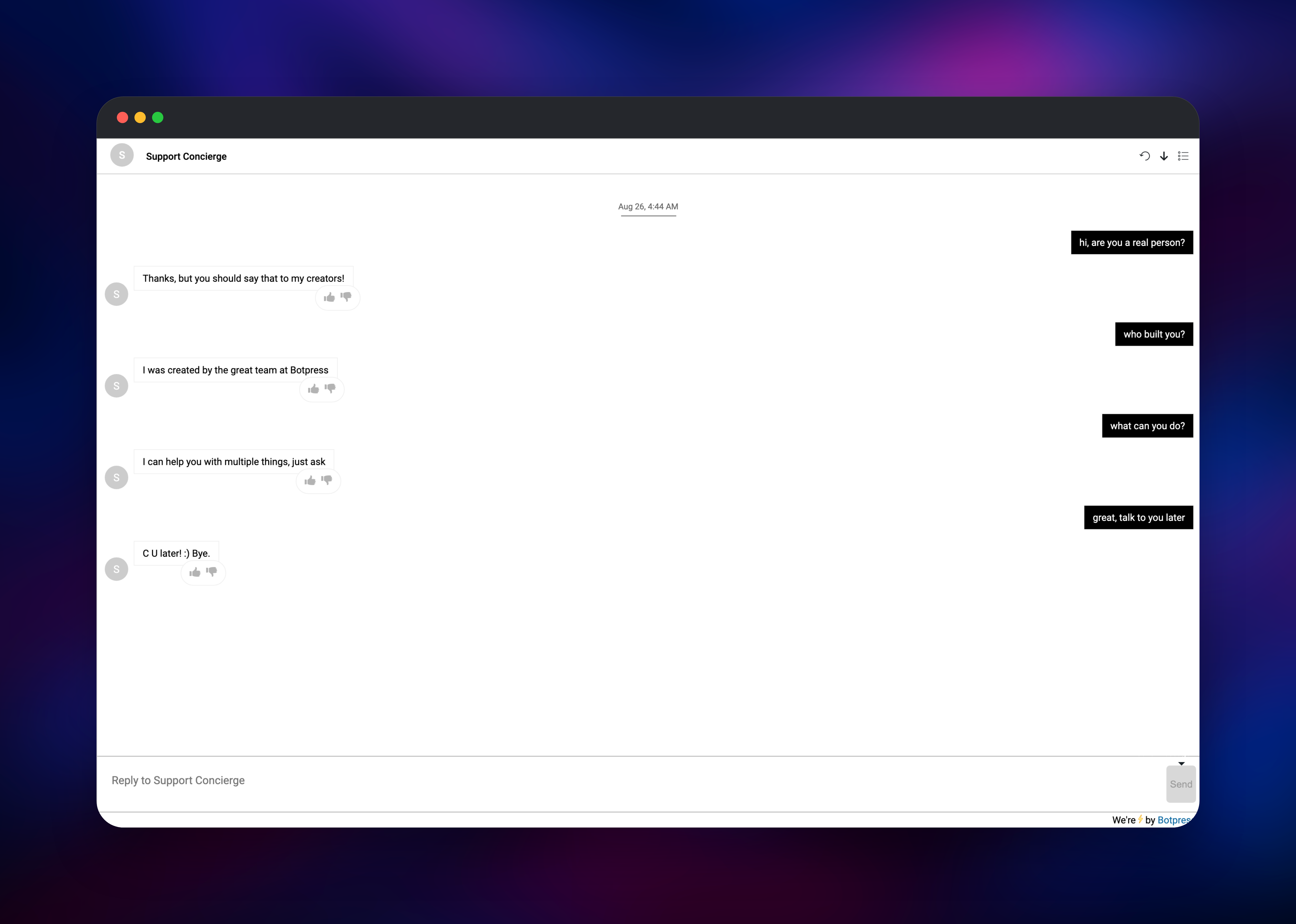 Botpress webchat answering four small-talk questions
