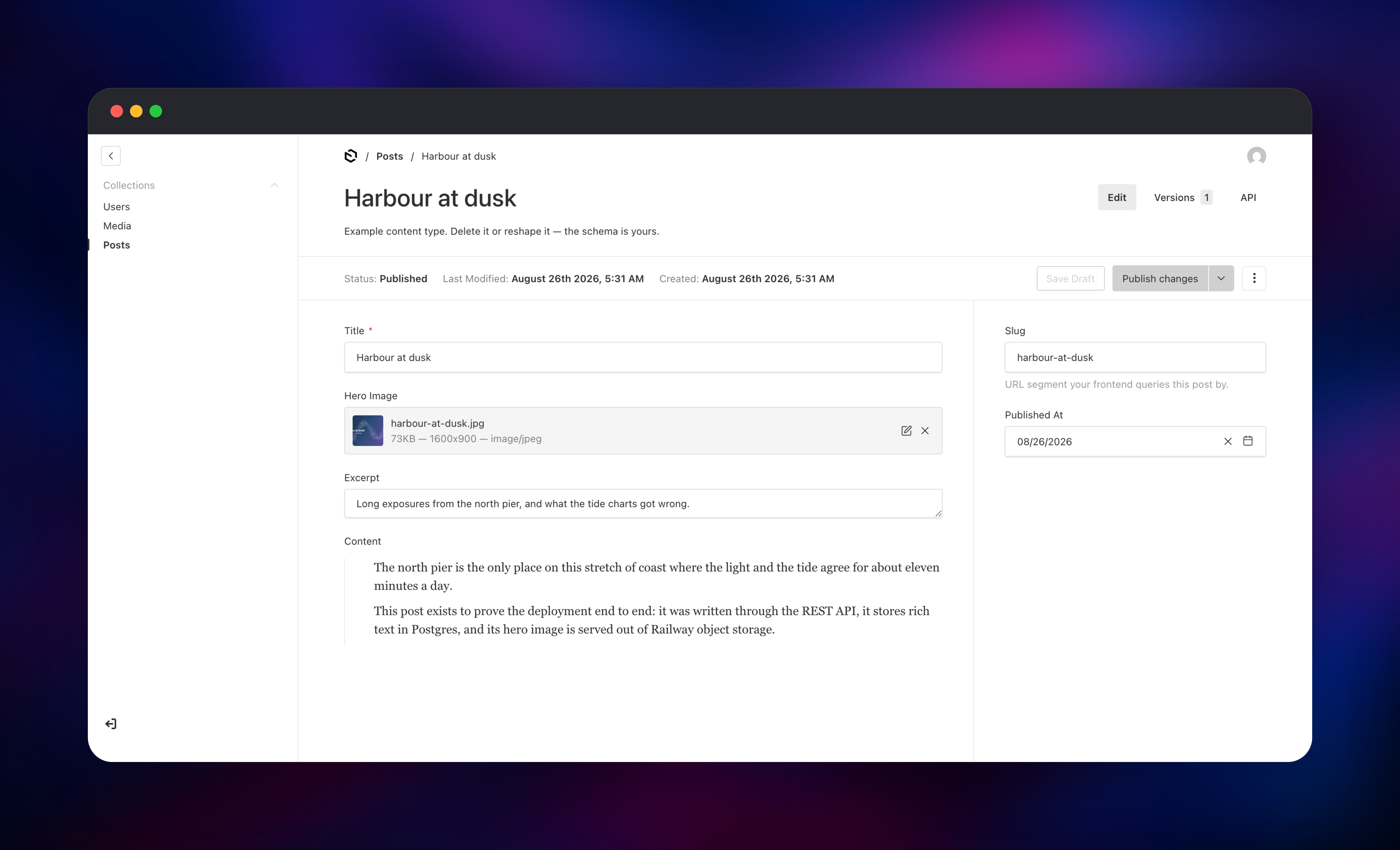 Payload post editor showing rich text and a hero image