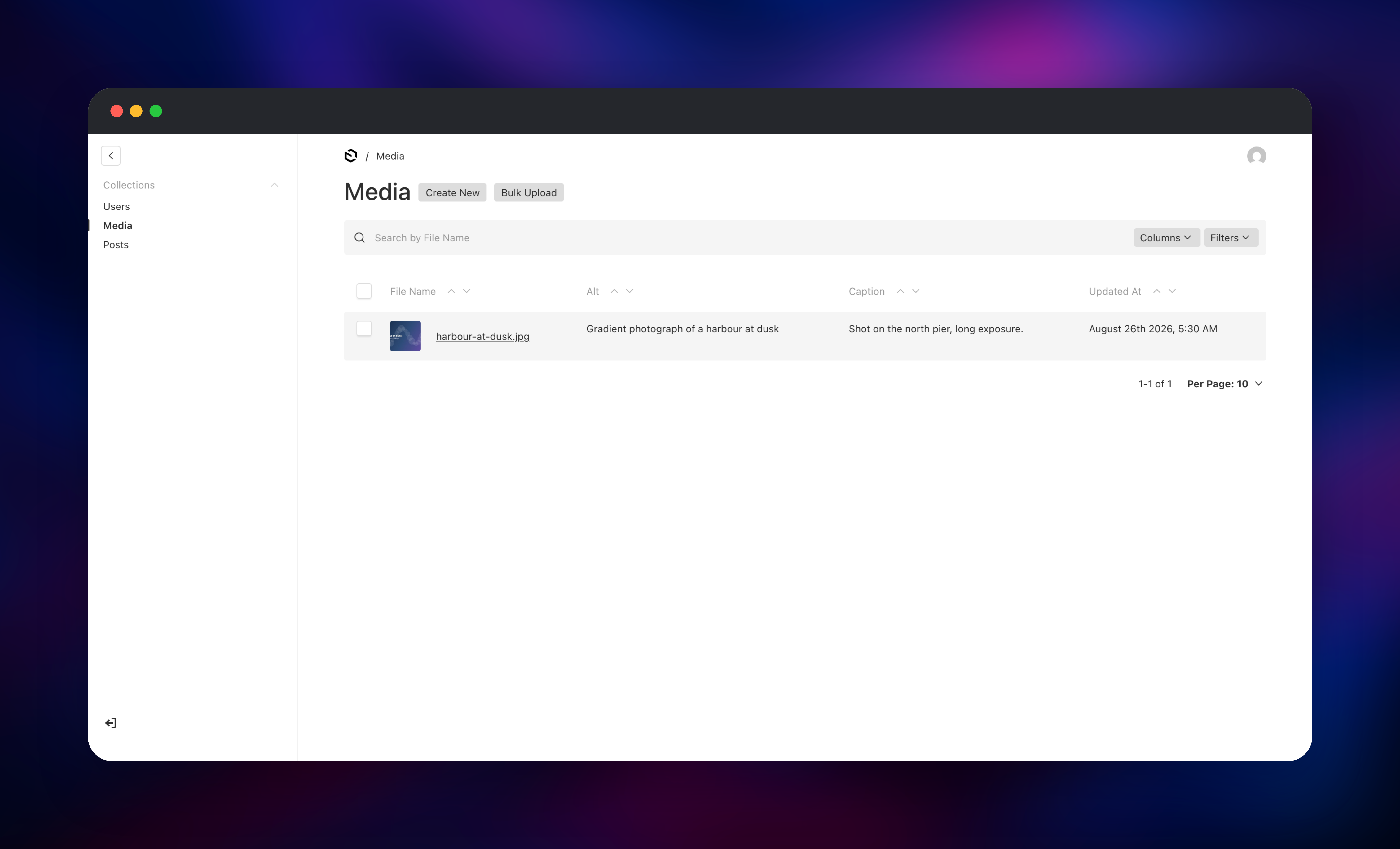 Payload media library listing an uploaded image with alt text