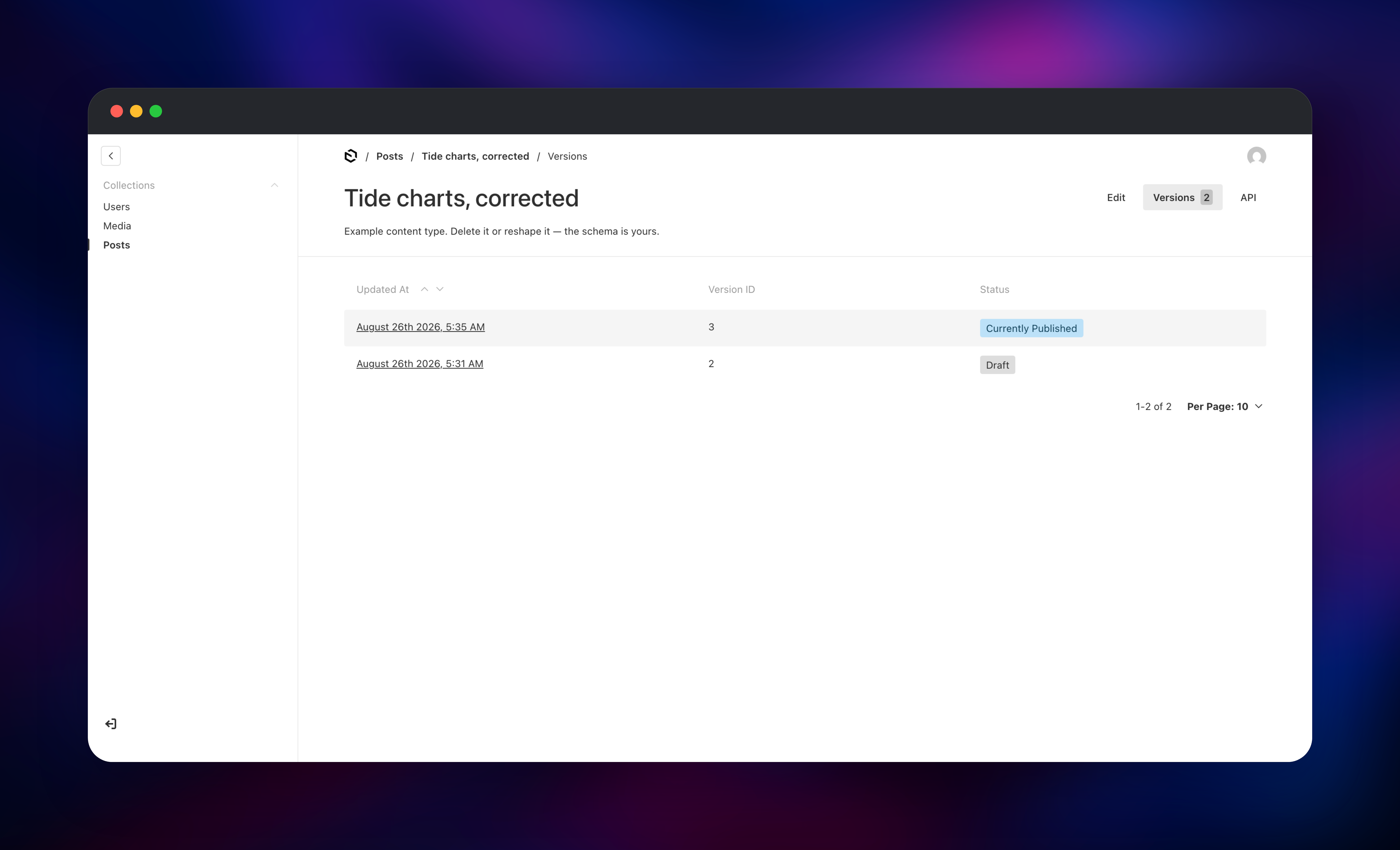 Version history where the scheduled version is currently published