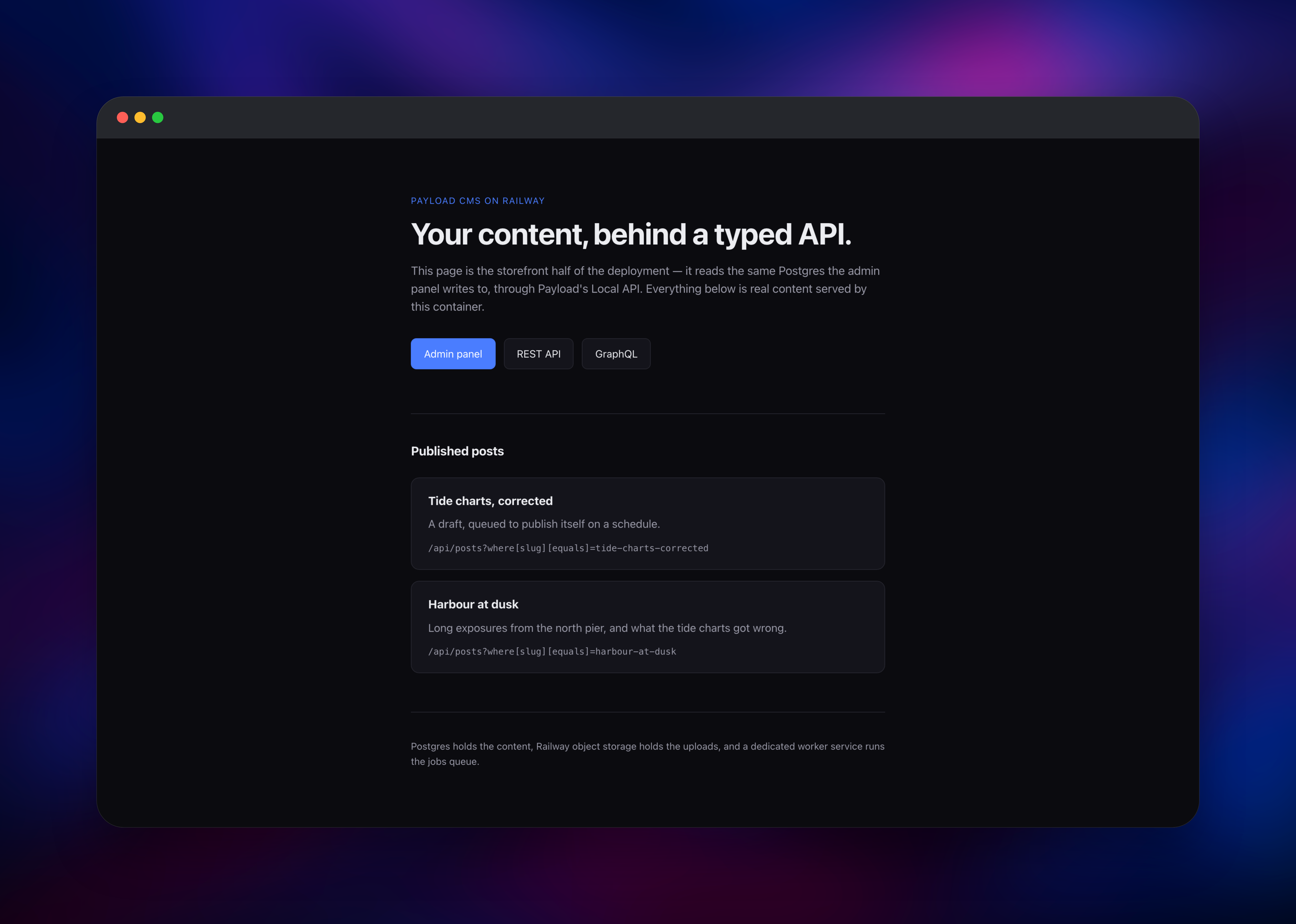 Public page listing two published posts from the API
