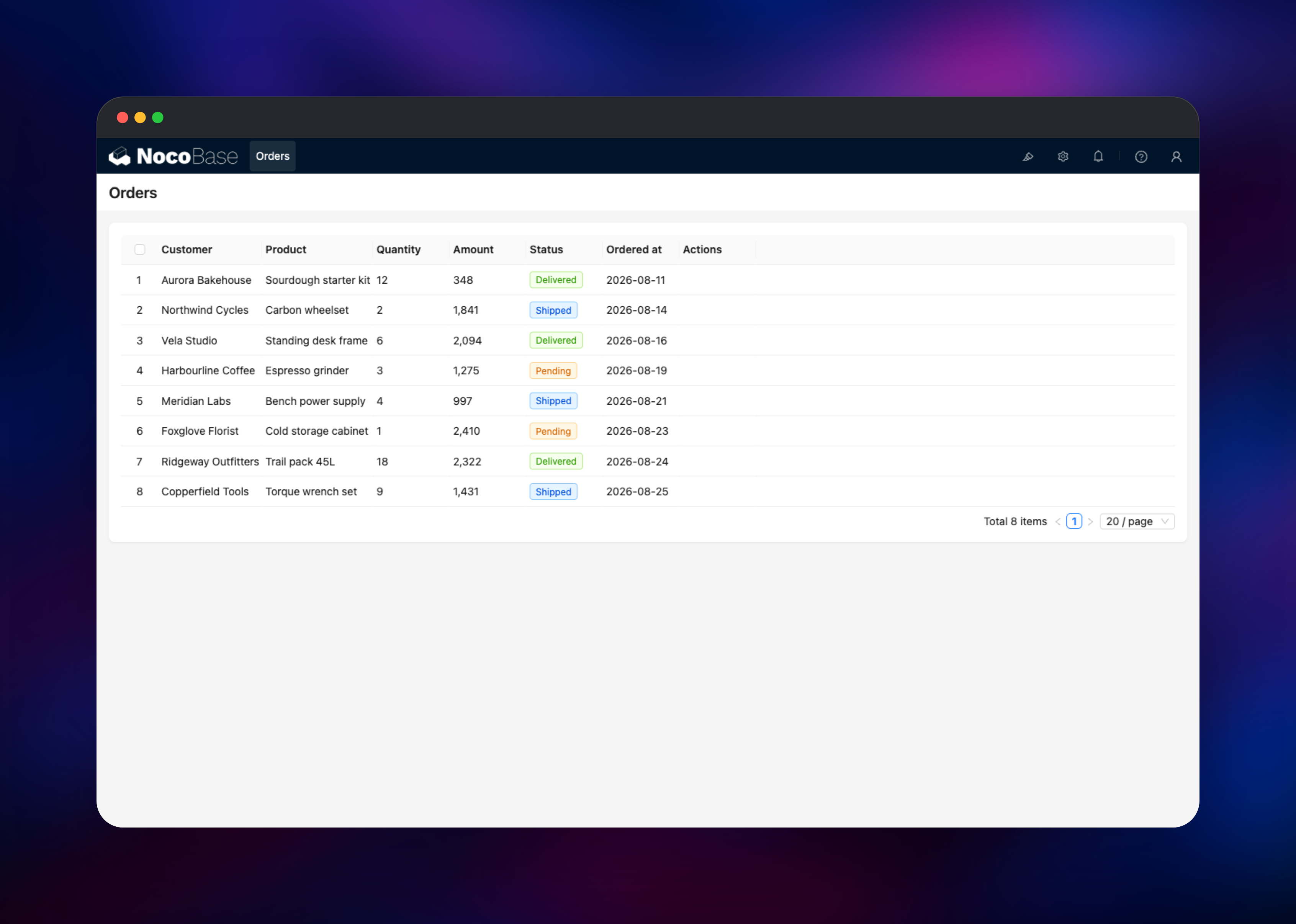 NocoBase Orders table listing customer orders with status labels