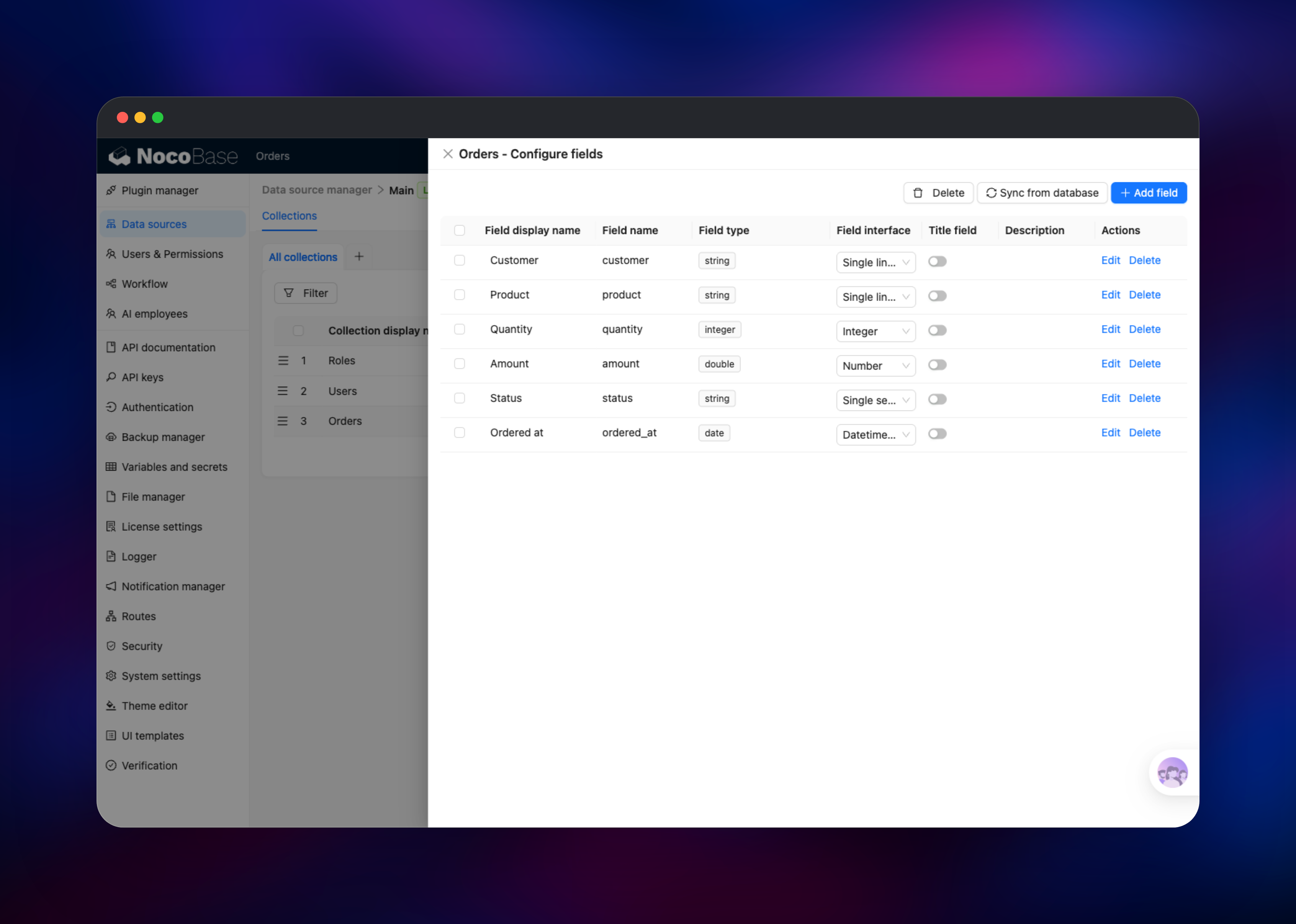 NocoBase field editor showing the Orders collection schema