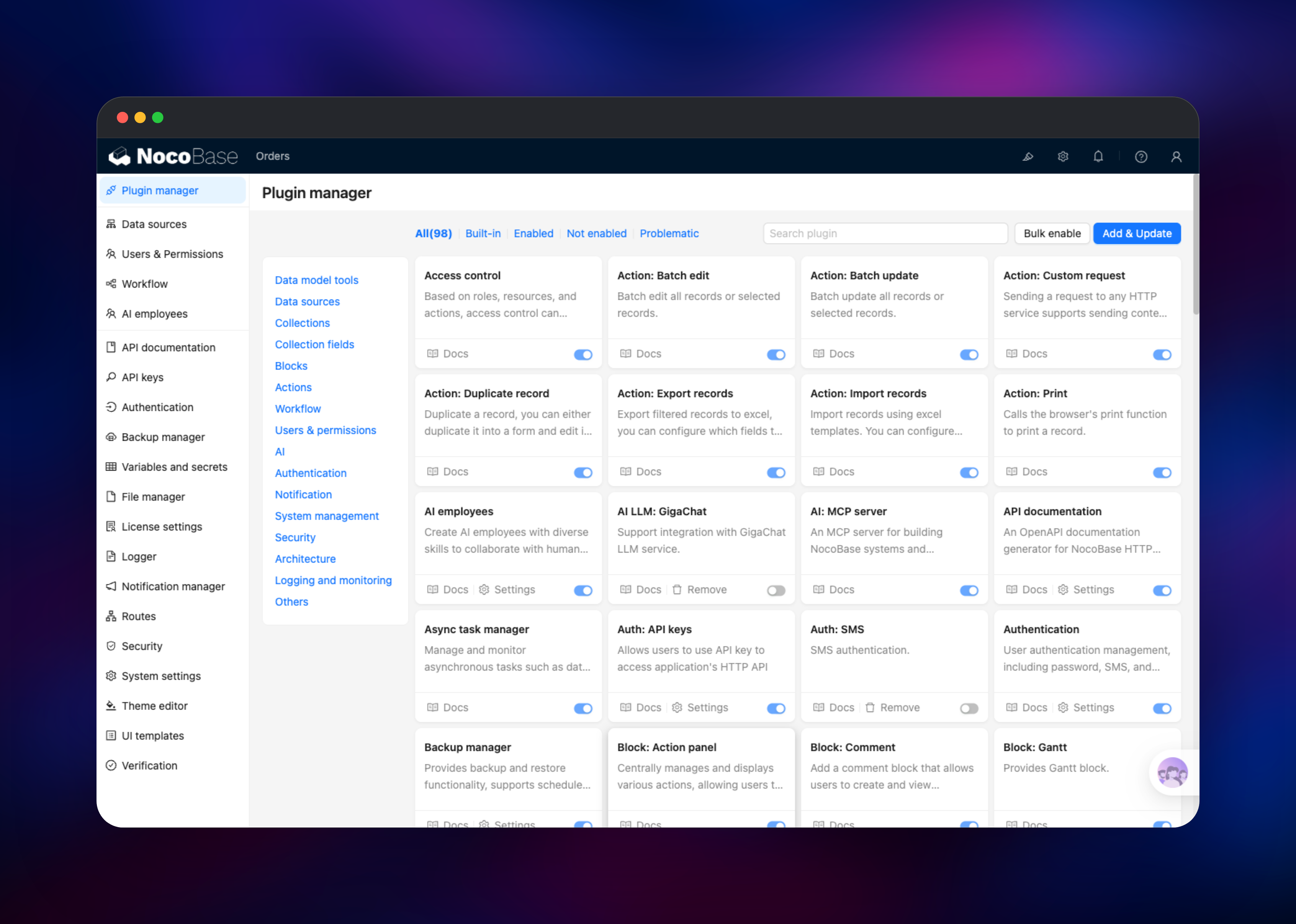NocoBase plugin manager listing ninety-eight installable plugins